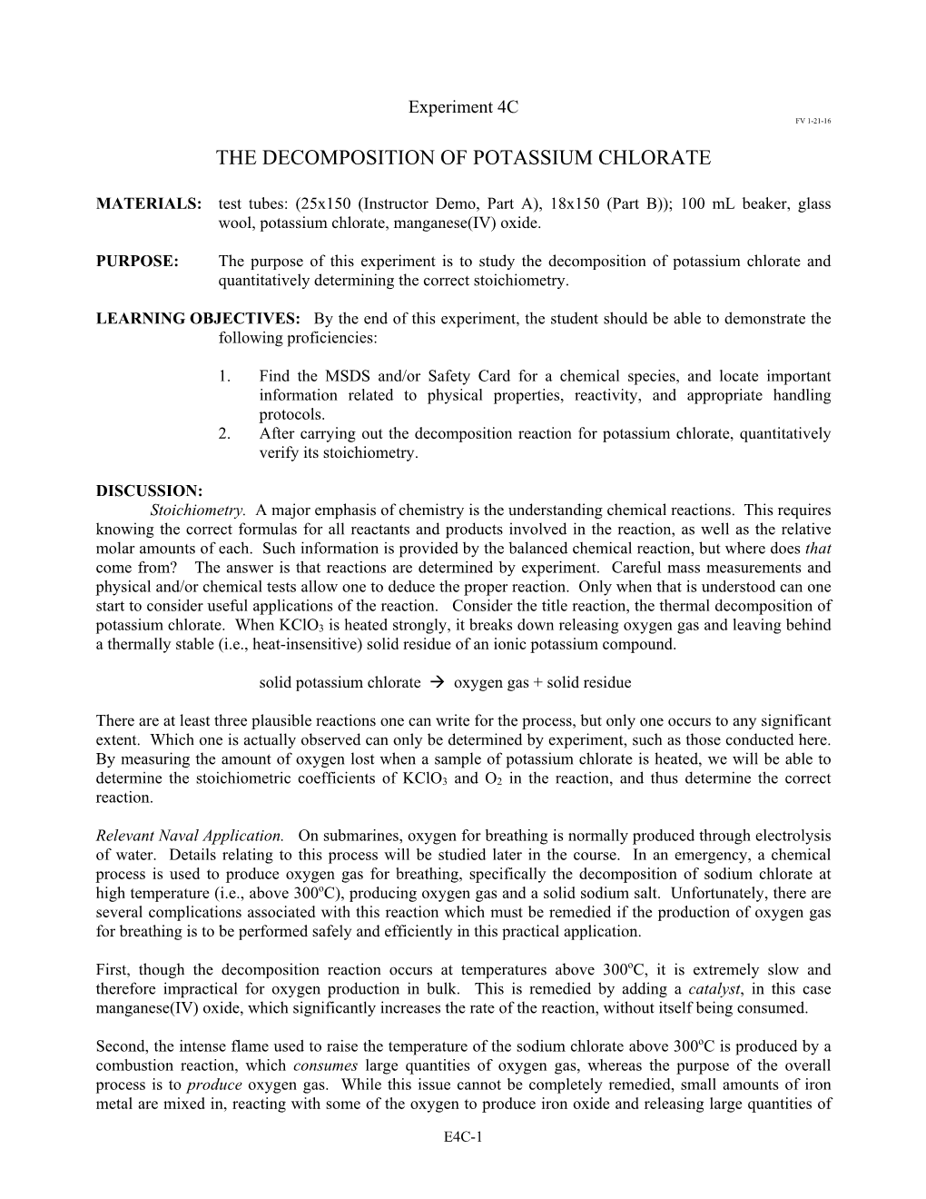 The Decomposition of Potassium Chlorate