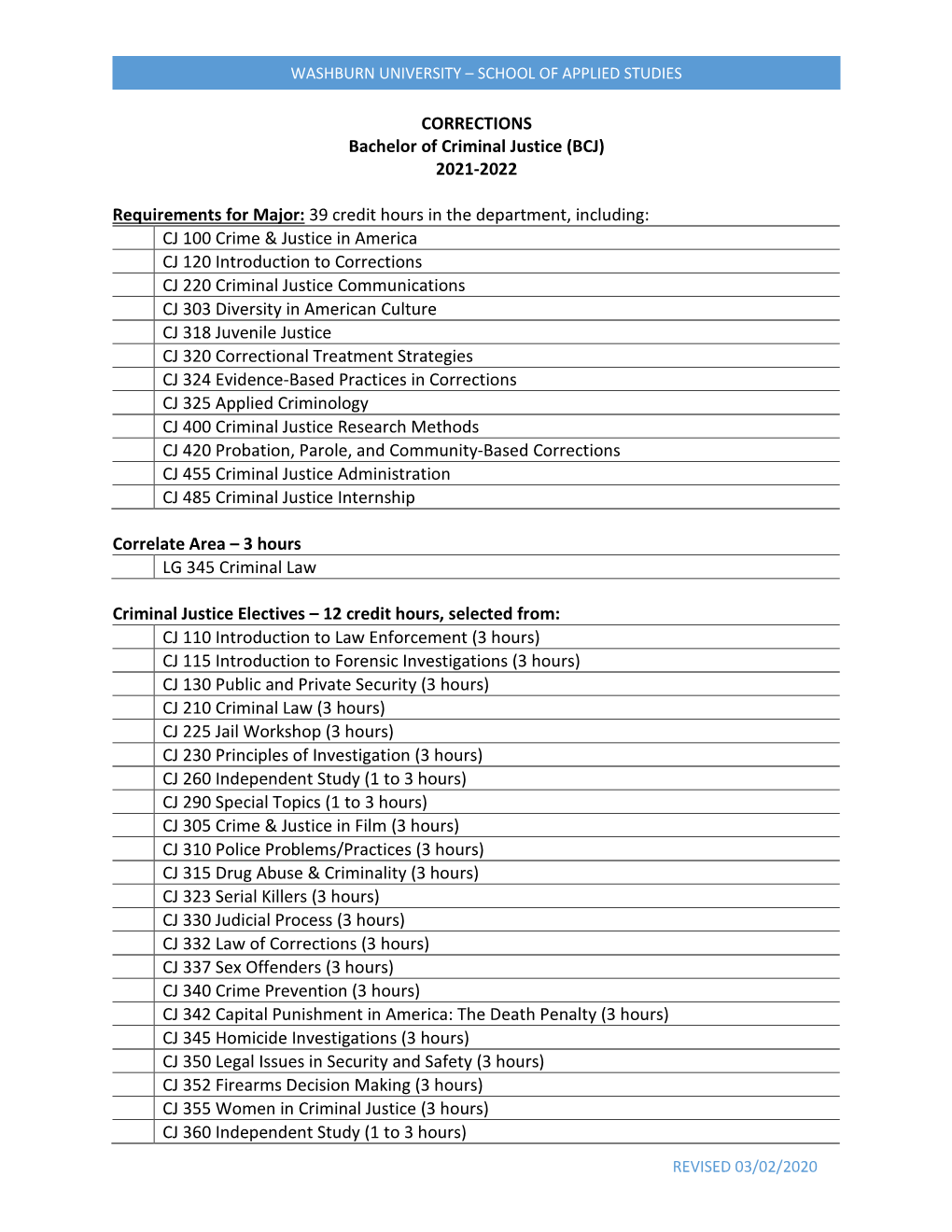 Bachelor of Criminal Justice – Corrections (2020-2021) Requirements for Major (39 Credit Hours) CJ 100 Crime & Justice In