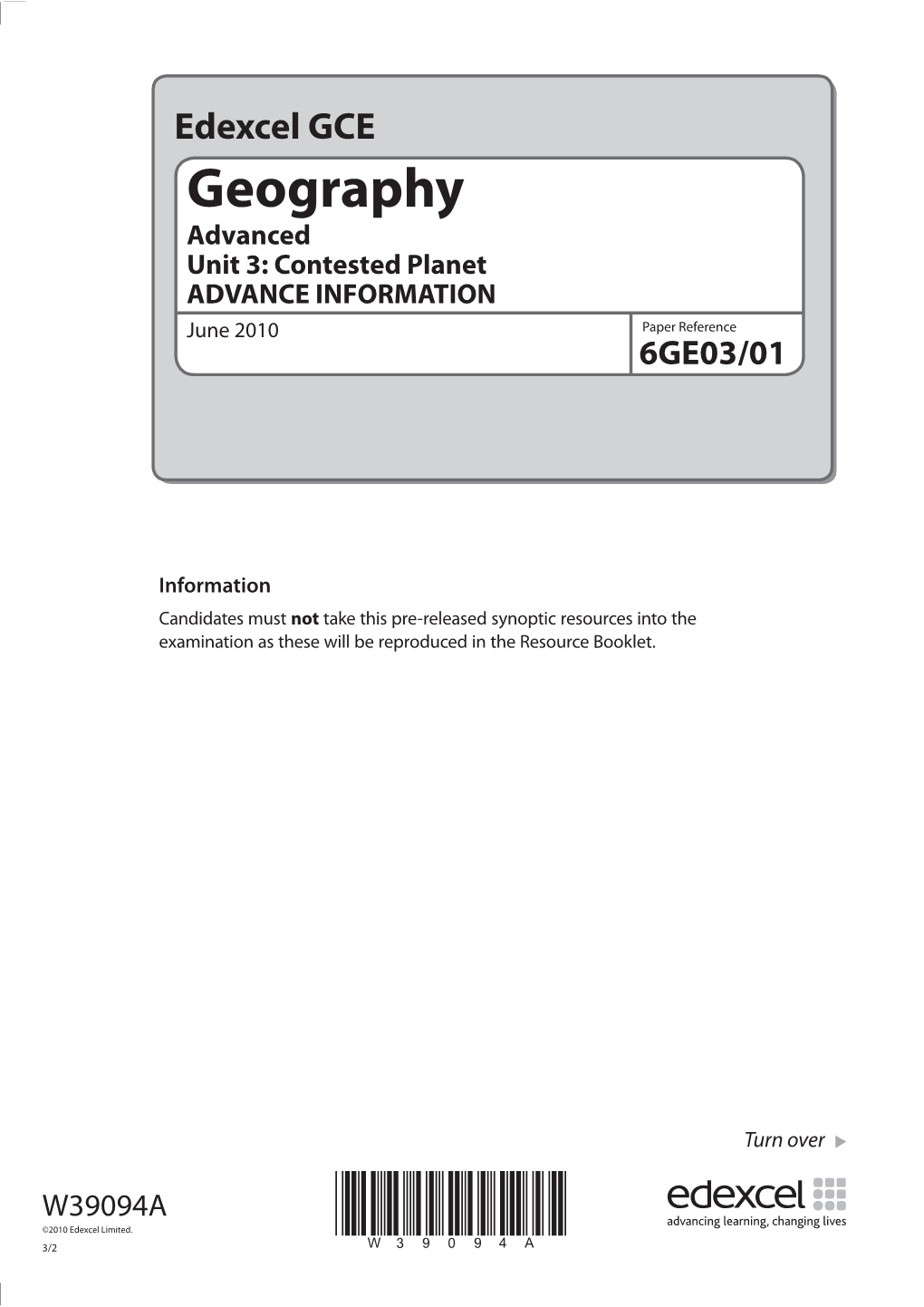 W39094A GCE Geography 6GE03 Adv Info June 2010.Indd