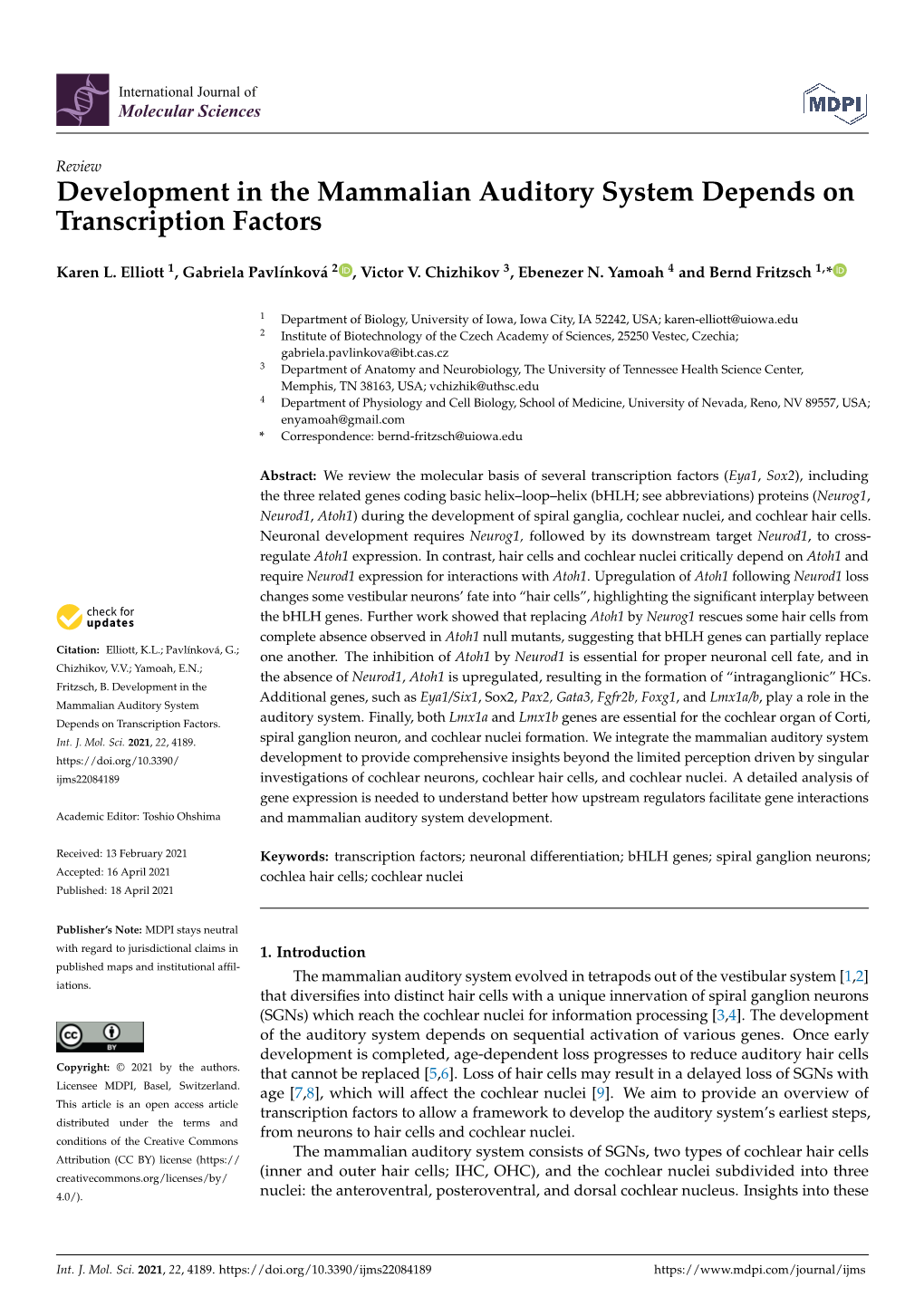 Development in the Mammalian Auditory System Depends on Transcription Factors