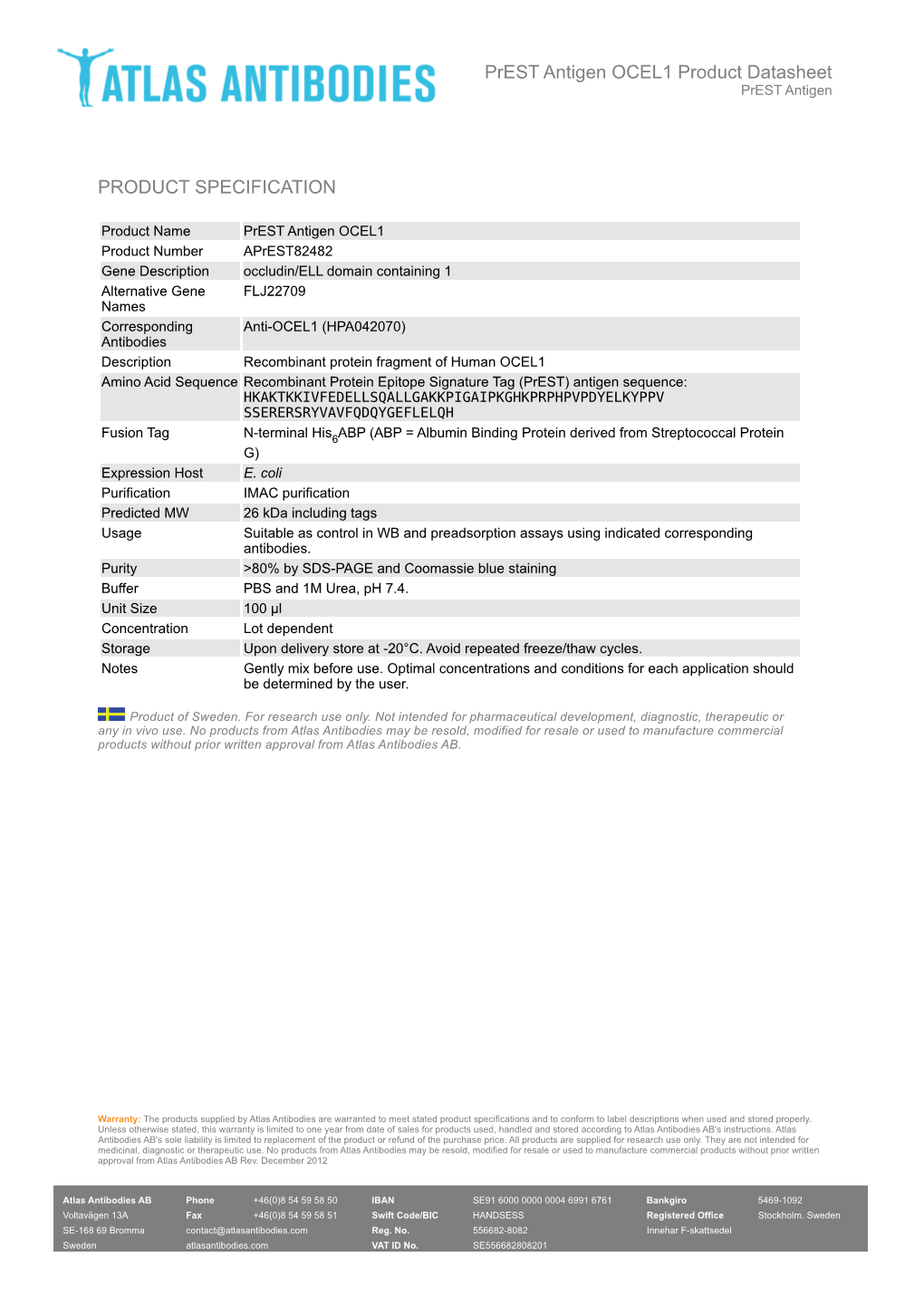 PRODUCT SPECIFICATION Prest Antigen OCEL1 Product Datasheet