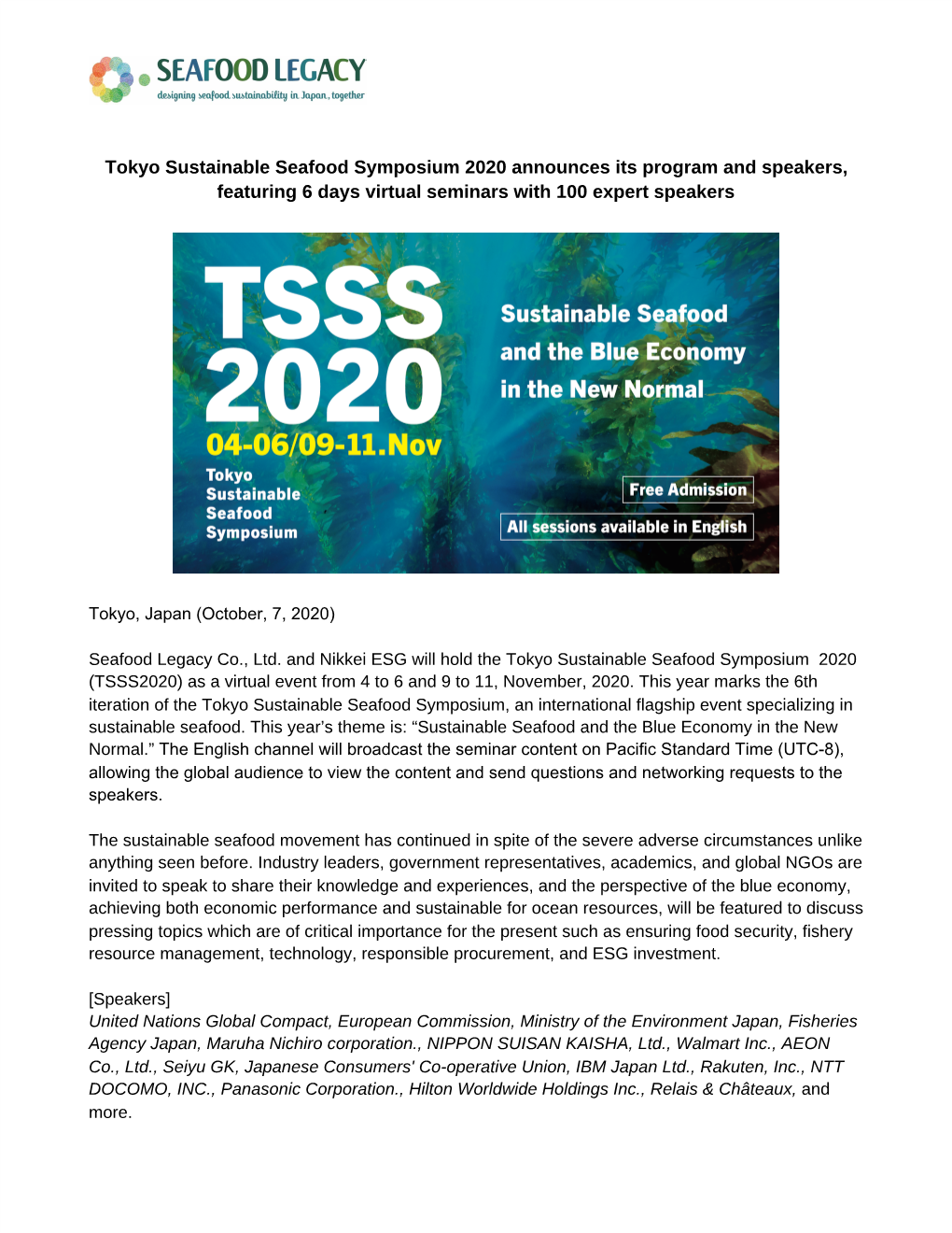 Tokyo Sustainable Seafood Symposium 2020 Announces Its Program and Speakers, Featuring 6 Days Virtual Seminars with 100 Expert Speakers