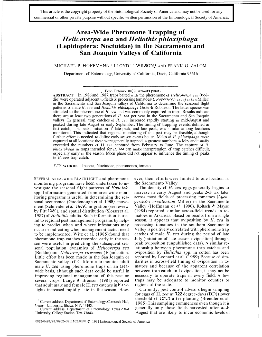 Helicoverpa Sea and Heliothis Phloxiphaga (Lepidoptera: Noctuidae) in the Sacramento and San Joaquin Valleys of California