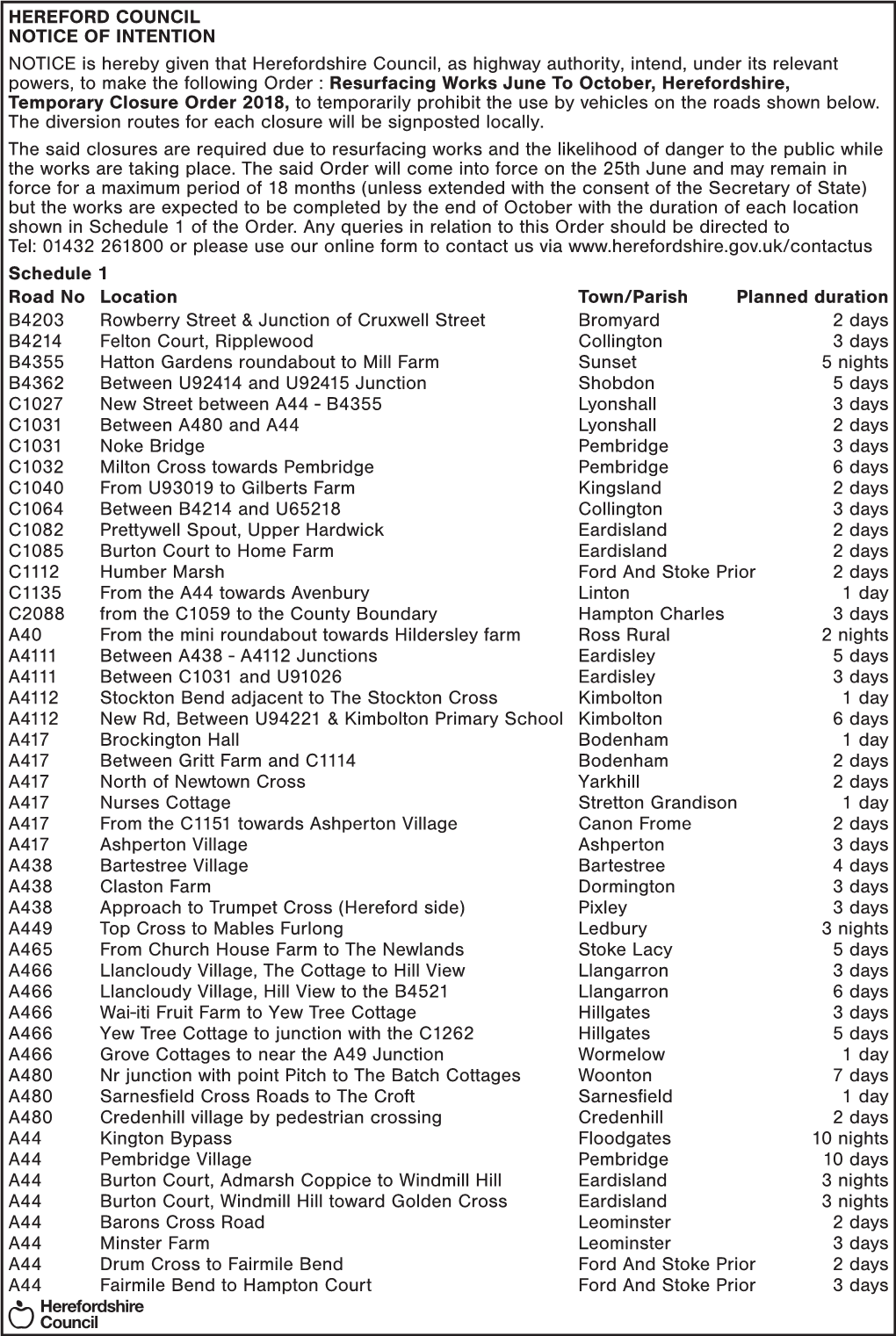 Hereford Council Notice of Intention