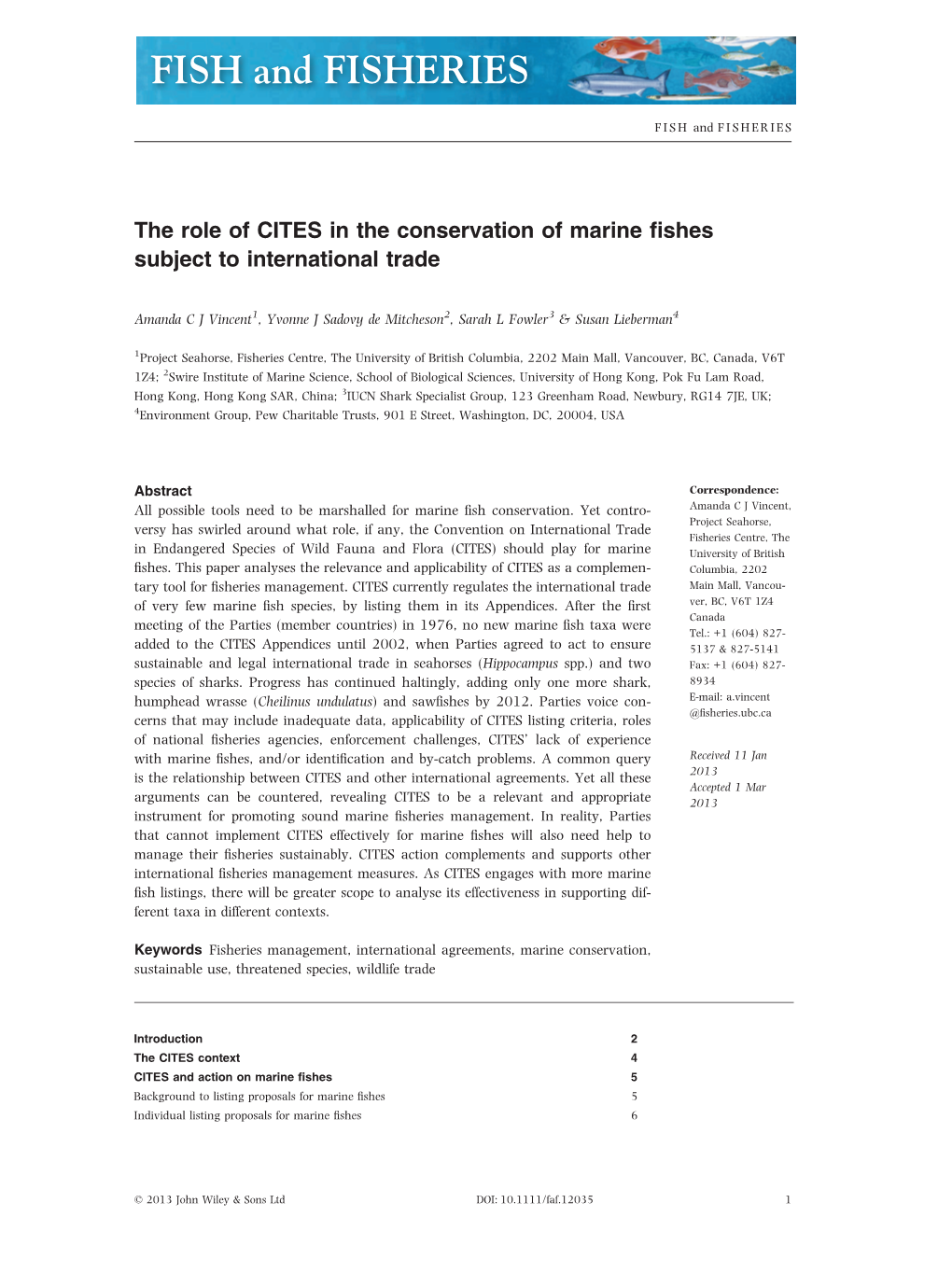 The Role of CITES in the Conservation of Marine Fishes Subject To