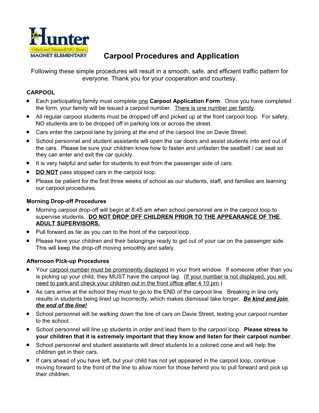 Carpool Procedures and Application