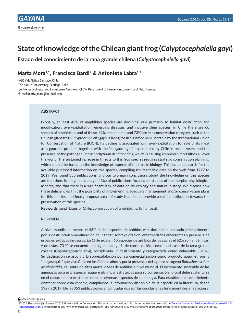 GAYANA State of Knowledge of the Chilean Giant Frog