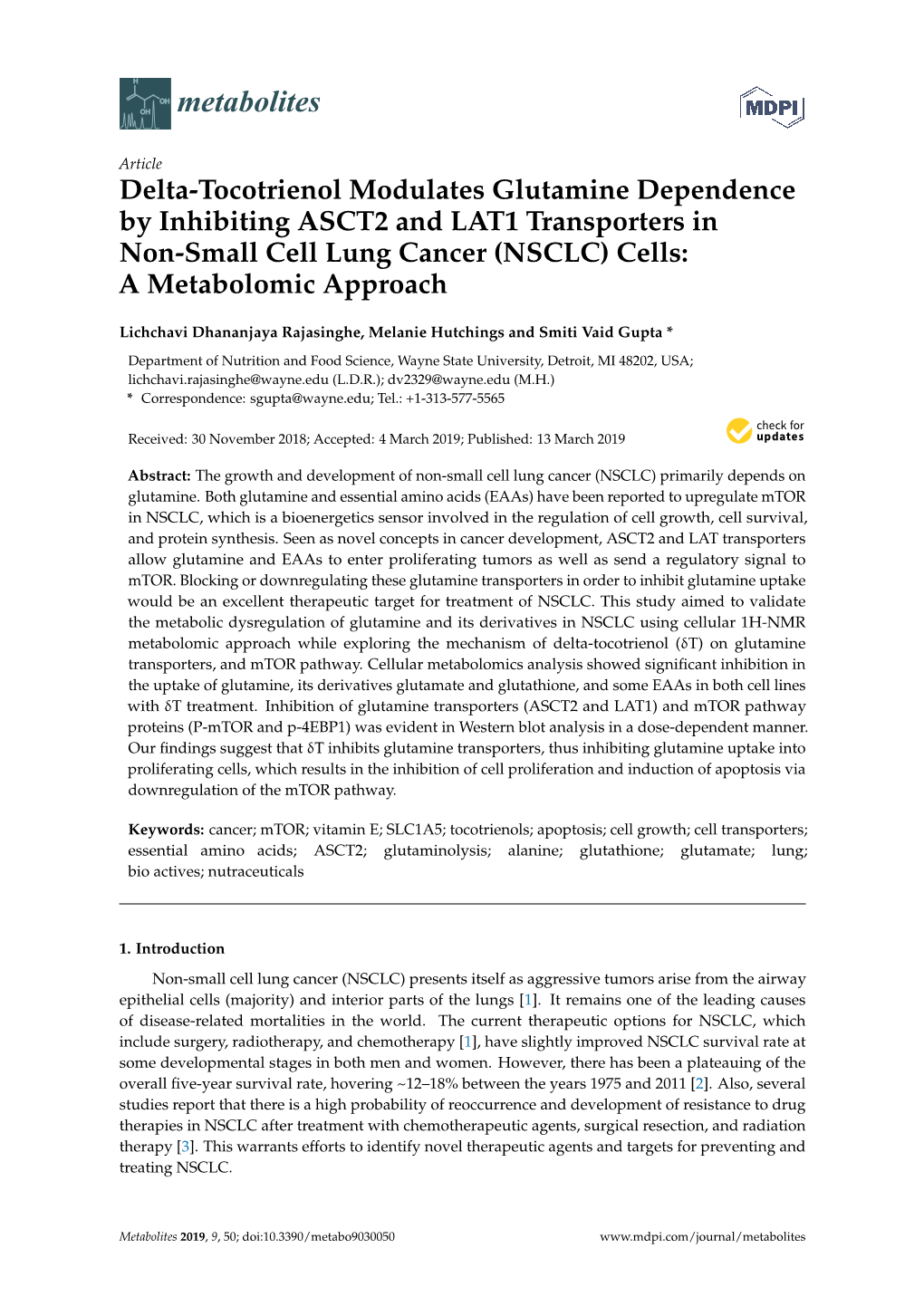 Delta-Tocotrienol Modulates Glutamine Dependence by Inhibiting ASCT2 and LAT1 Transporters in Non-Small Cell Lung Cancer (NSCLC) Cells: a Metabolomic Approach