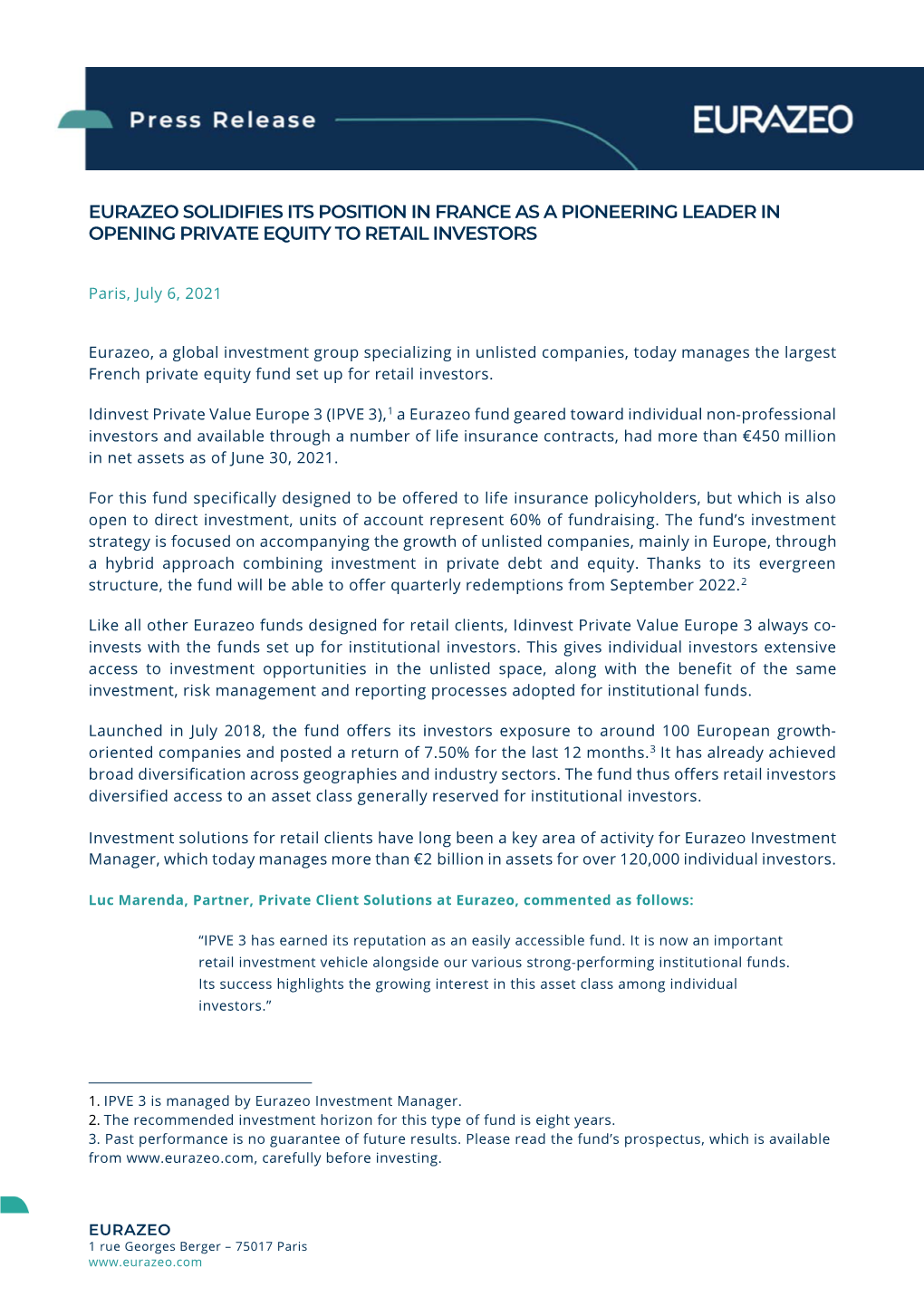 Eurazeo Solidifies Its Position in France As a Pioneering Leader in Opening Private Equity to Retail Investors