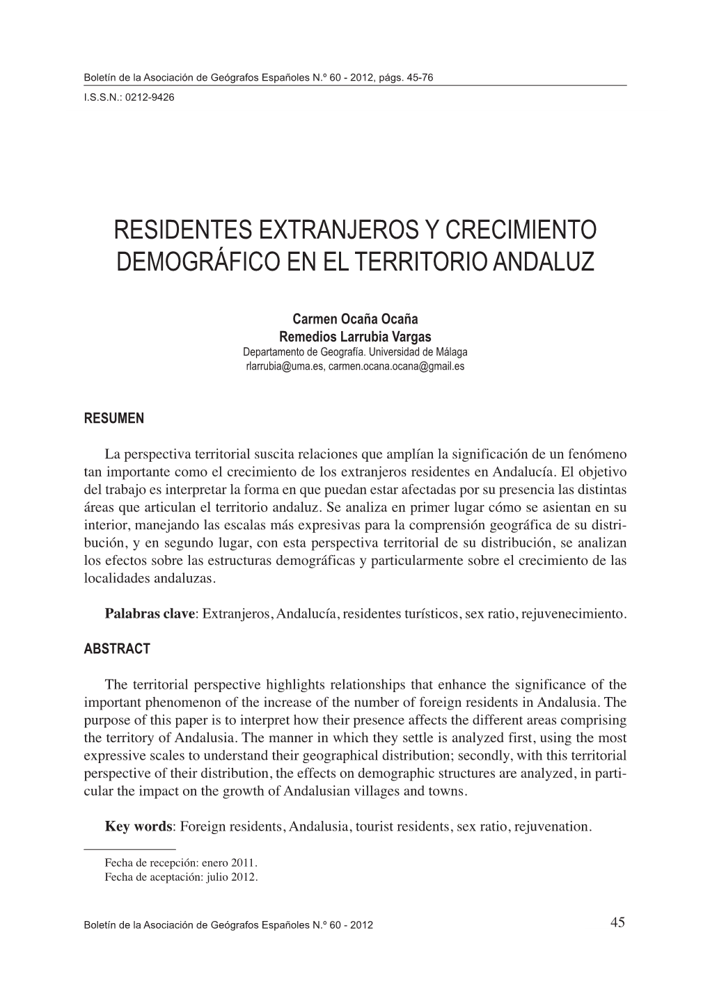 Residentes Extranjeros Y Crecimiento Demográfico En El Territorio Andaluz