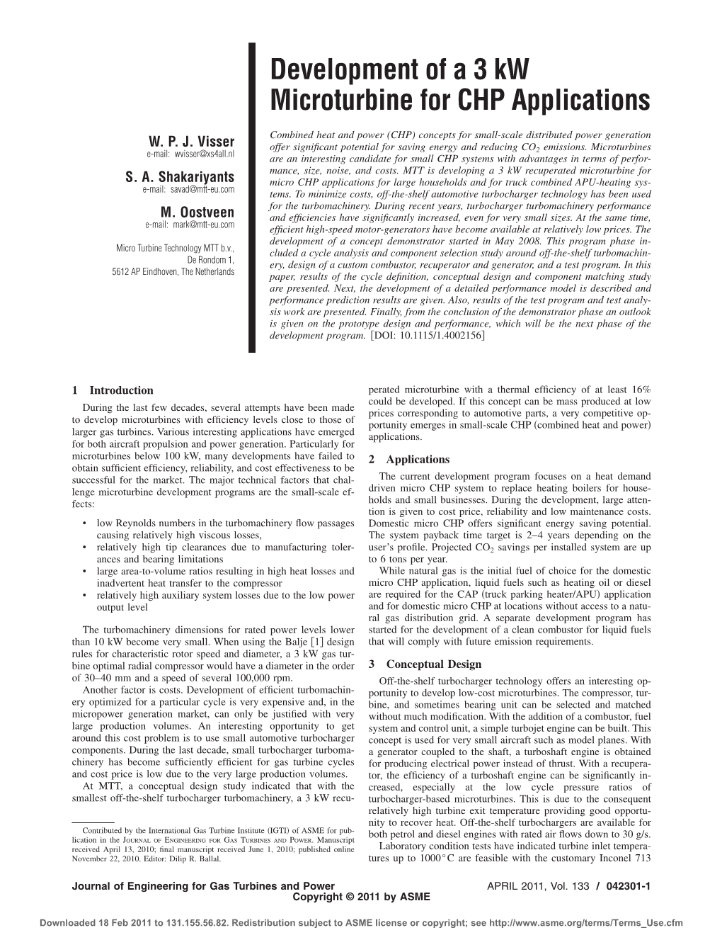 Development of a 3 Kw Microturbine for CHP Applications