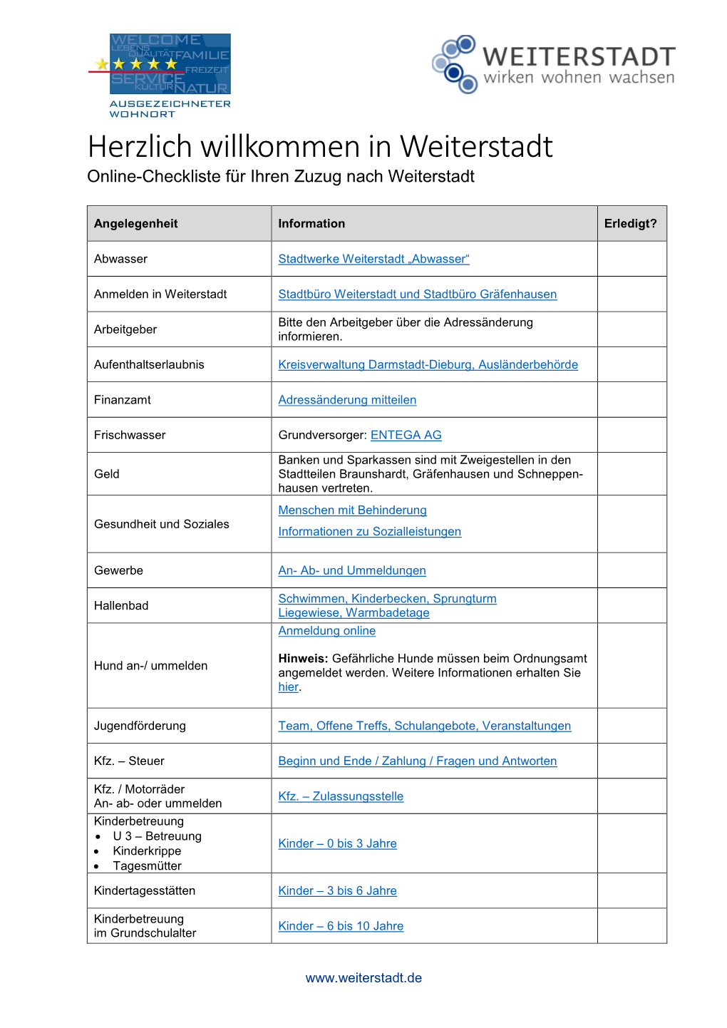 Online-Checkliste Für Ihren Zuzug Nach Weiterstadt