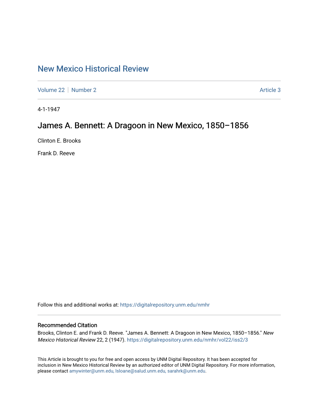 James A. Bennett: a Dragoon in New Mexico, 1850Â•Fi1856