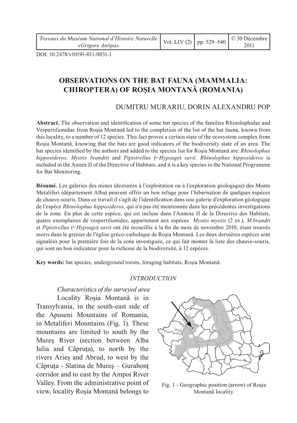 Mammalia: Chiroptera) of Roşia Montană (Romania)