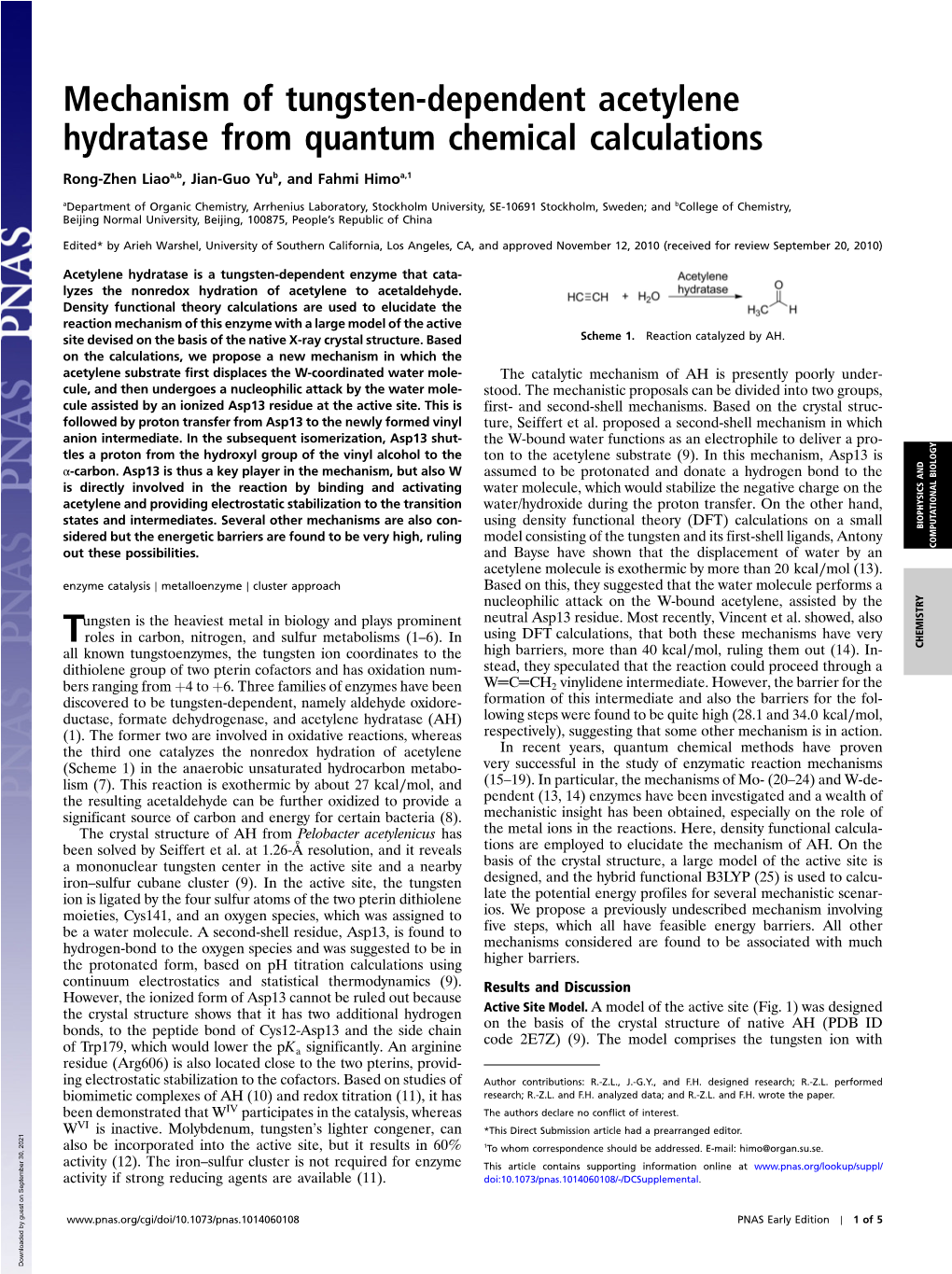 Mechanism of Tungsten-Dependent Acetylene Hydratase from Quantum Chemical Calculations