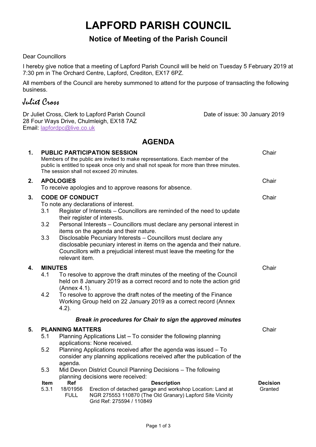 LAPFORD PARISH COUNCIL Notice of Meeting of the Parish Council