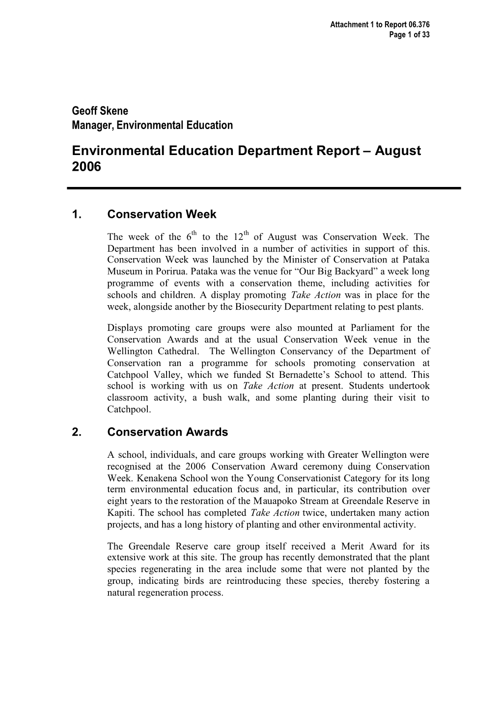 Environmental Education Department Report – August 2006