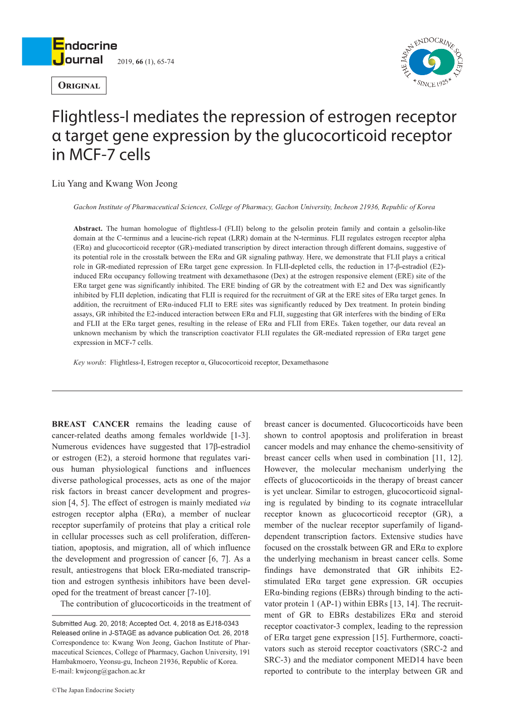 Flightless-I Mediates the Repression of Estrogen Receptor Α Target Gene Expression by the Glucocorticoid Receptor in MCF-7 Cells