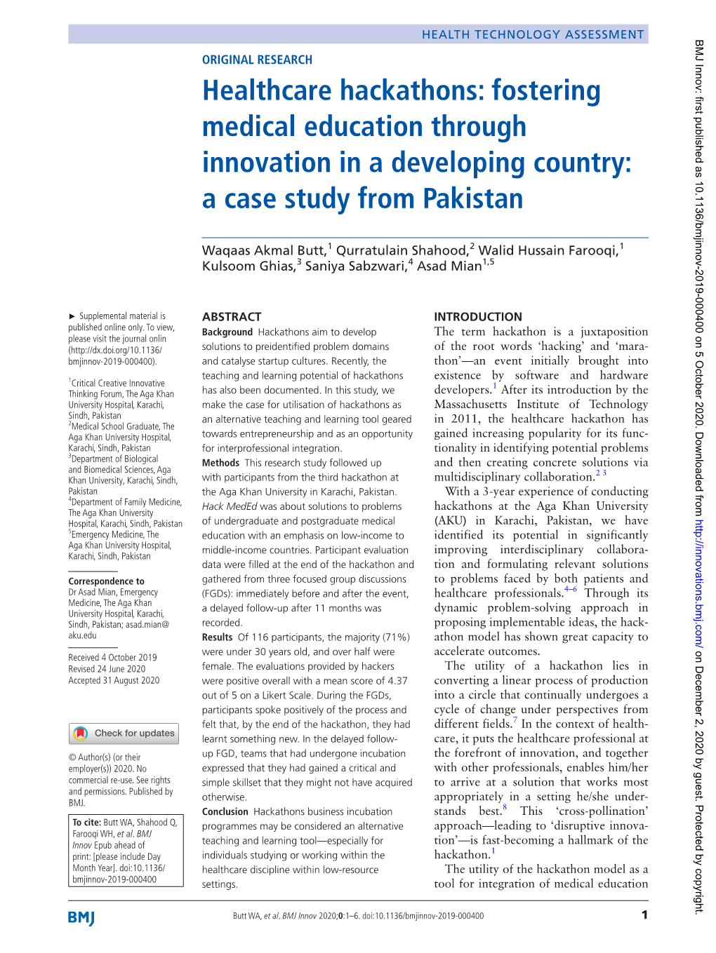 Healthcare Hackathons: Fostering Medical Education Through Innovation in a Developing Country: a Case Study from Pakistan