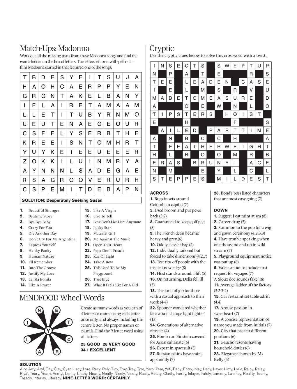 Cryptic Match-Ups: Madonna Mindfood Wheel Words