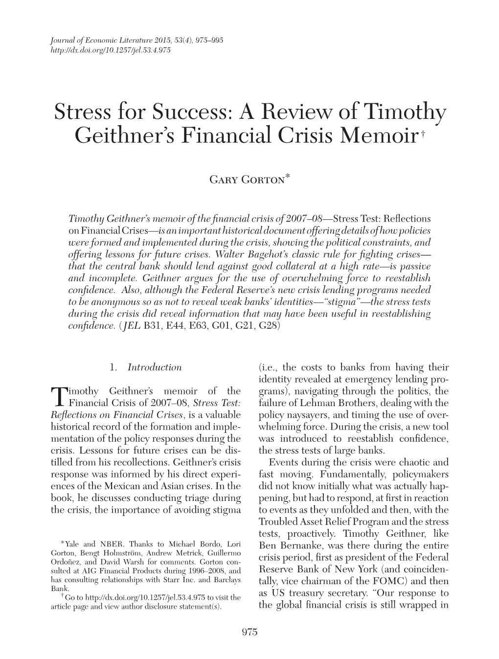 Stress for Success: a Review of Timothy Geithner's Financial Crisis