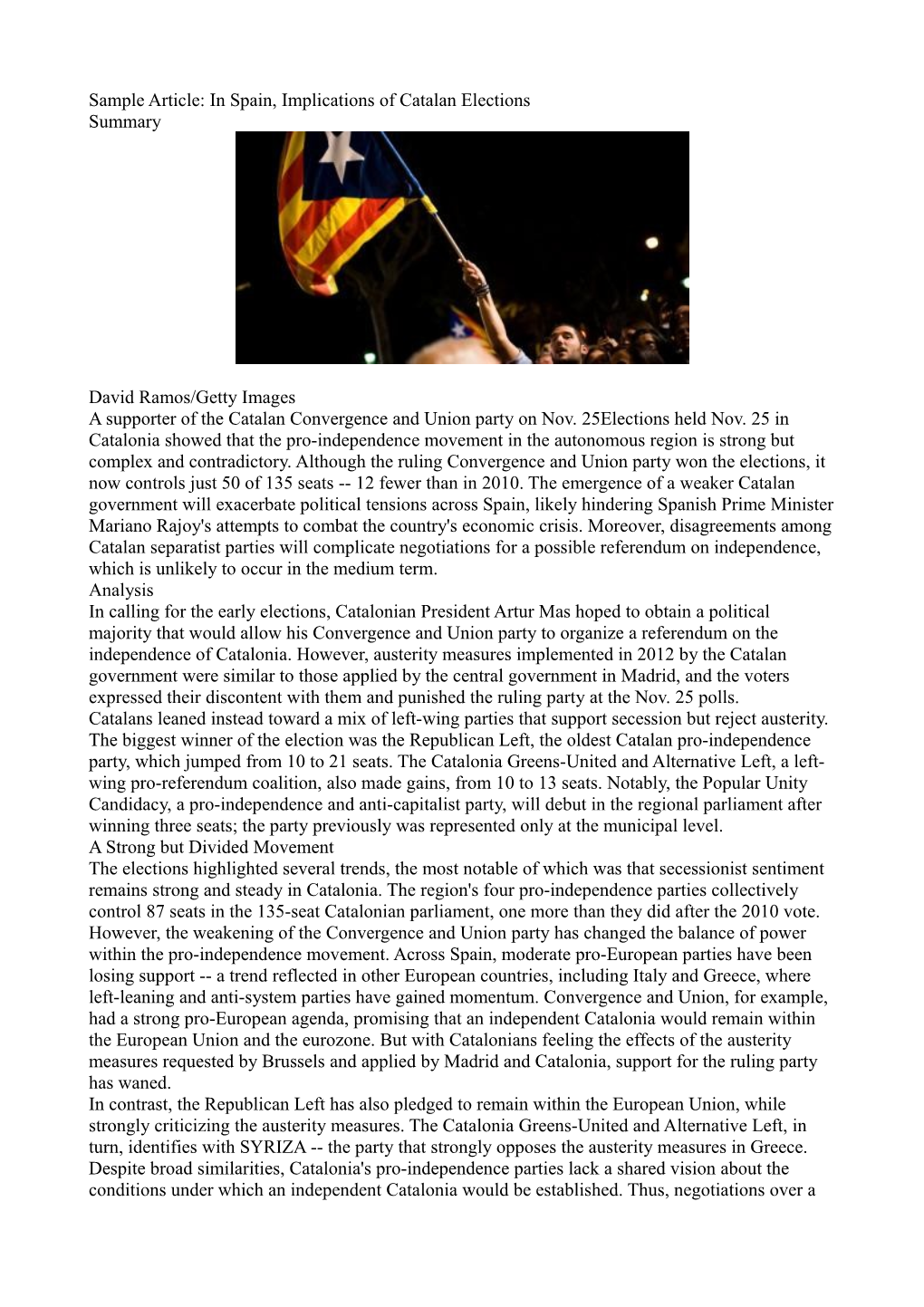 In Spain, Implications of Catalan Elections Summary David