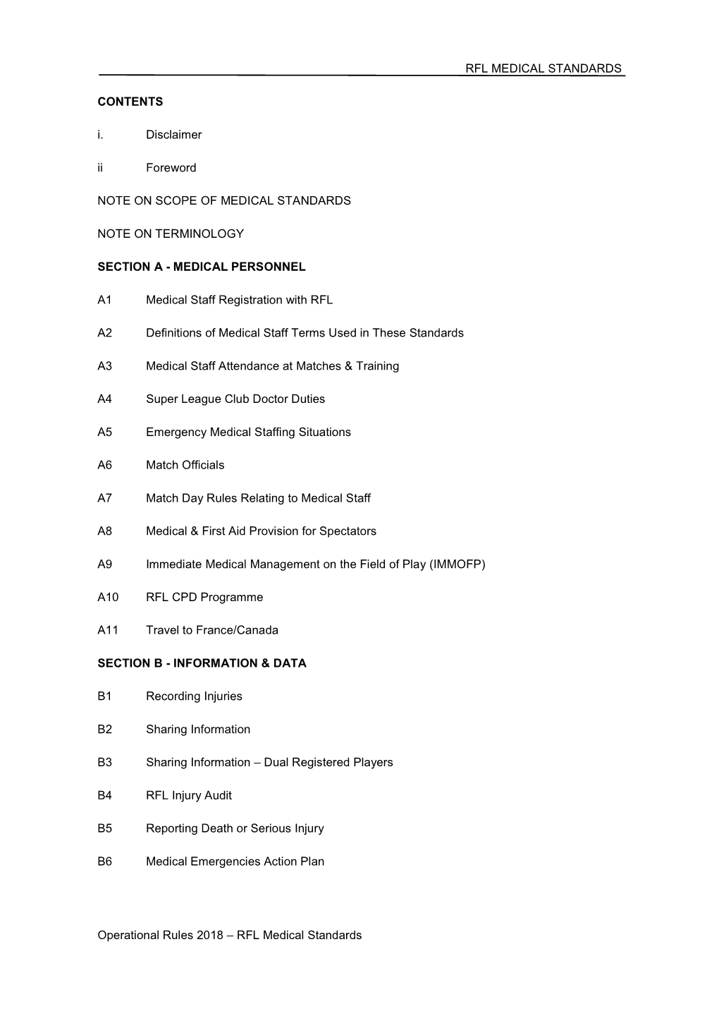 RFL MEDICAL STANDARDS Operational Rules 2018