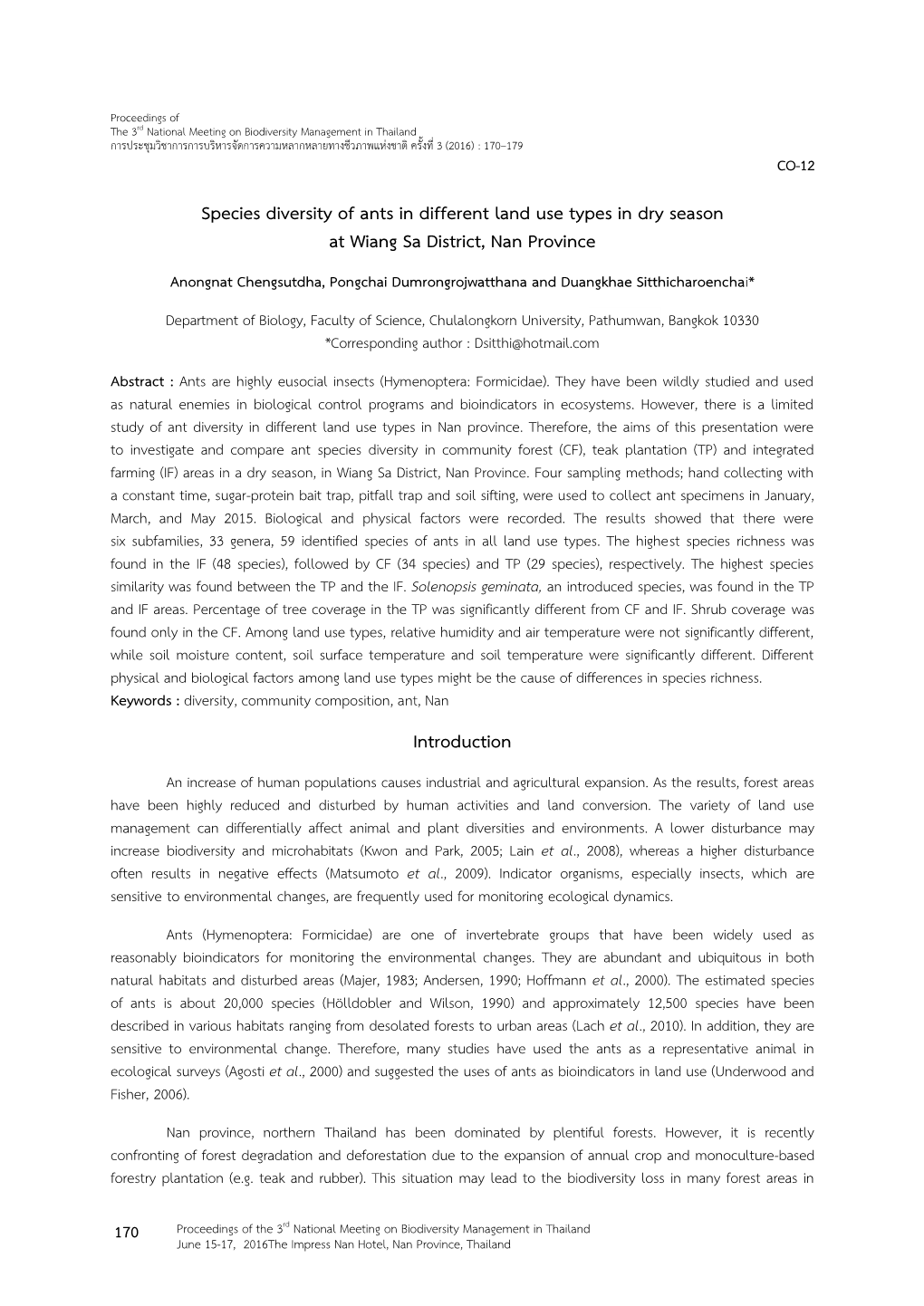 Species Diversity of Ants in Different Land Use Types in Dry Season