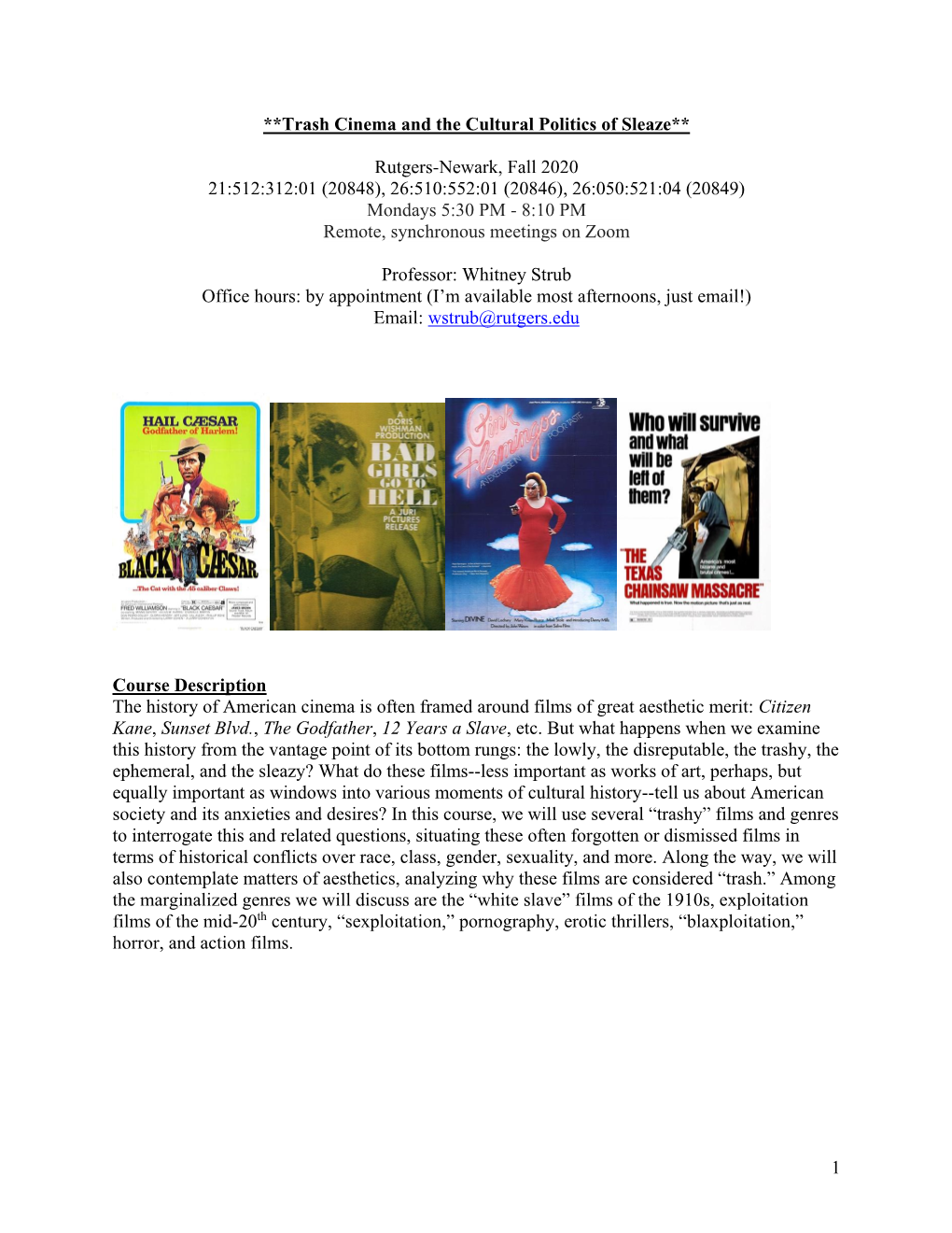 1 **Trash Cinema and the Cultural Politics of Sleaze** Rutgers-Newark