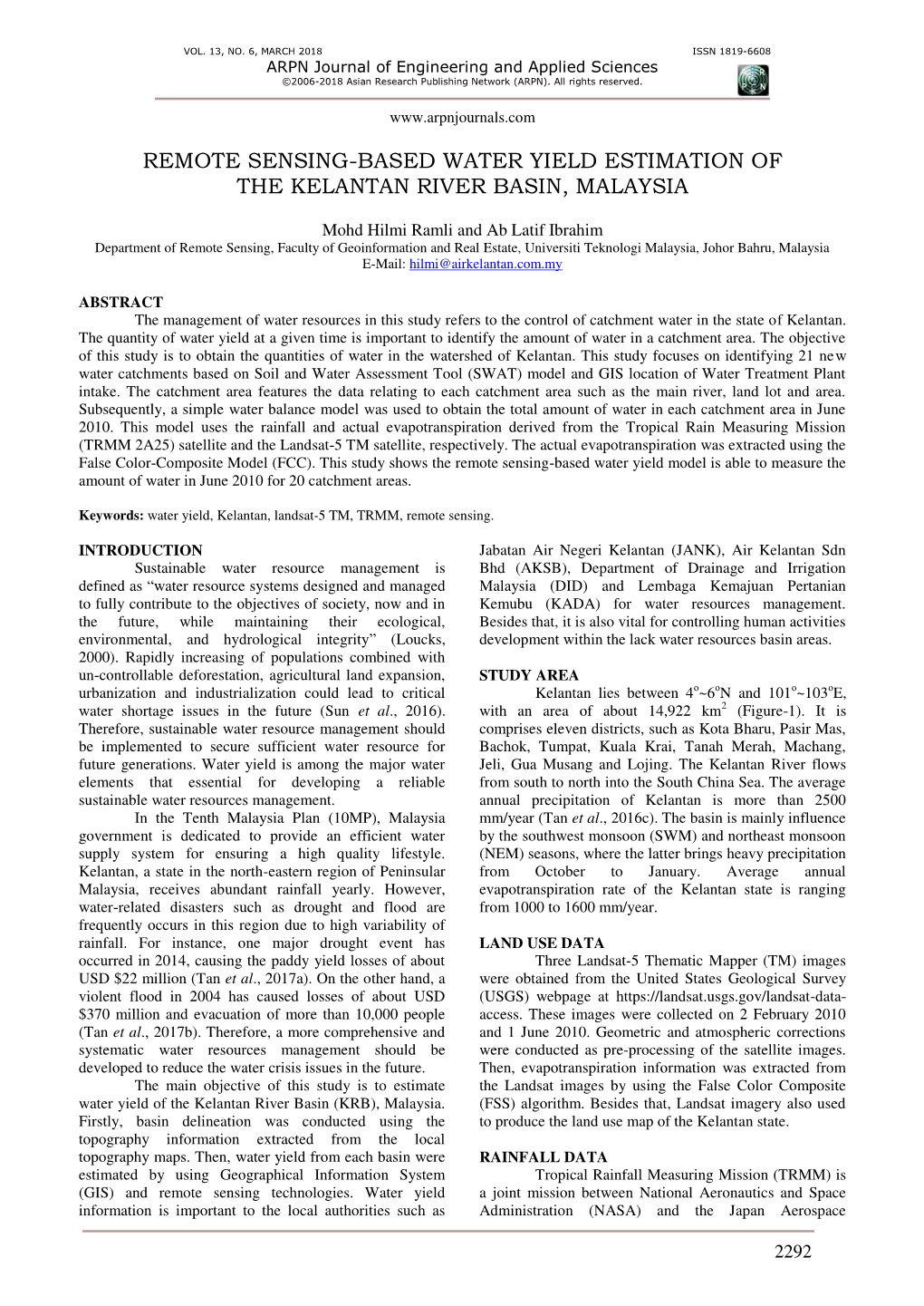 Remote Sensing-Based Water Yield Estimation of the Kelantan River Basin, Malaysia