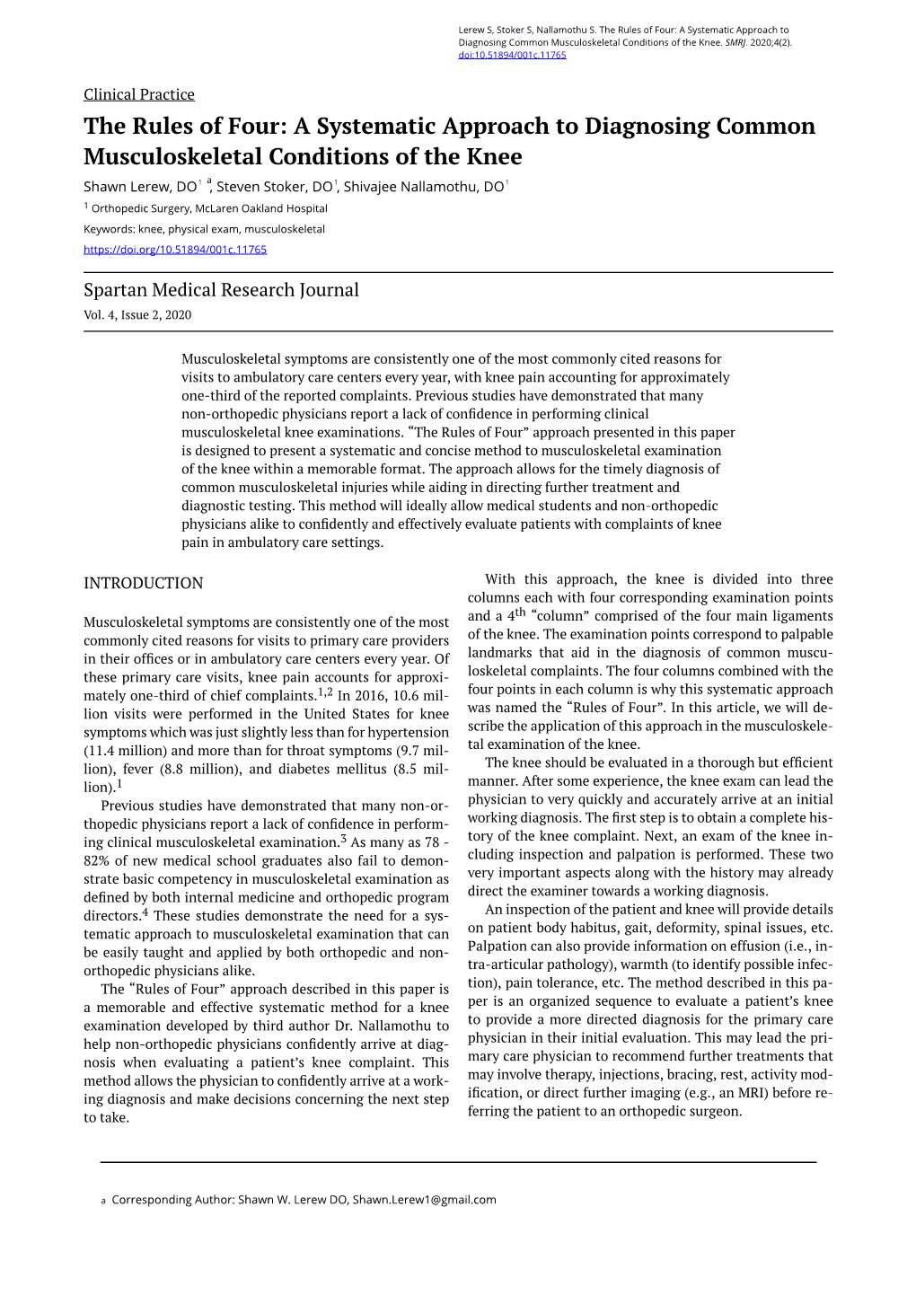 The Rules of Four: a Systematic Approach to Diagnosing Common Musculoskeletal Conditions of the Knee