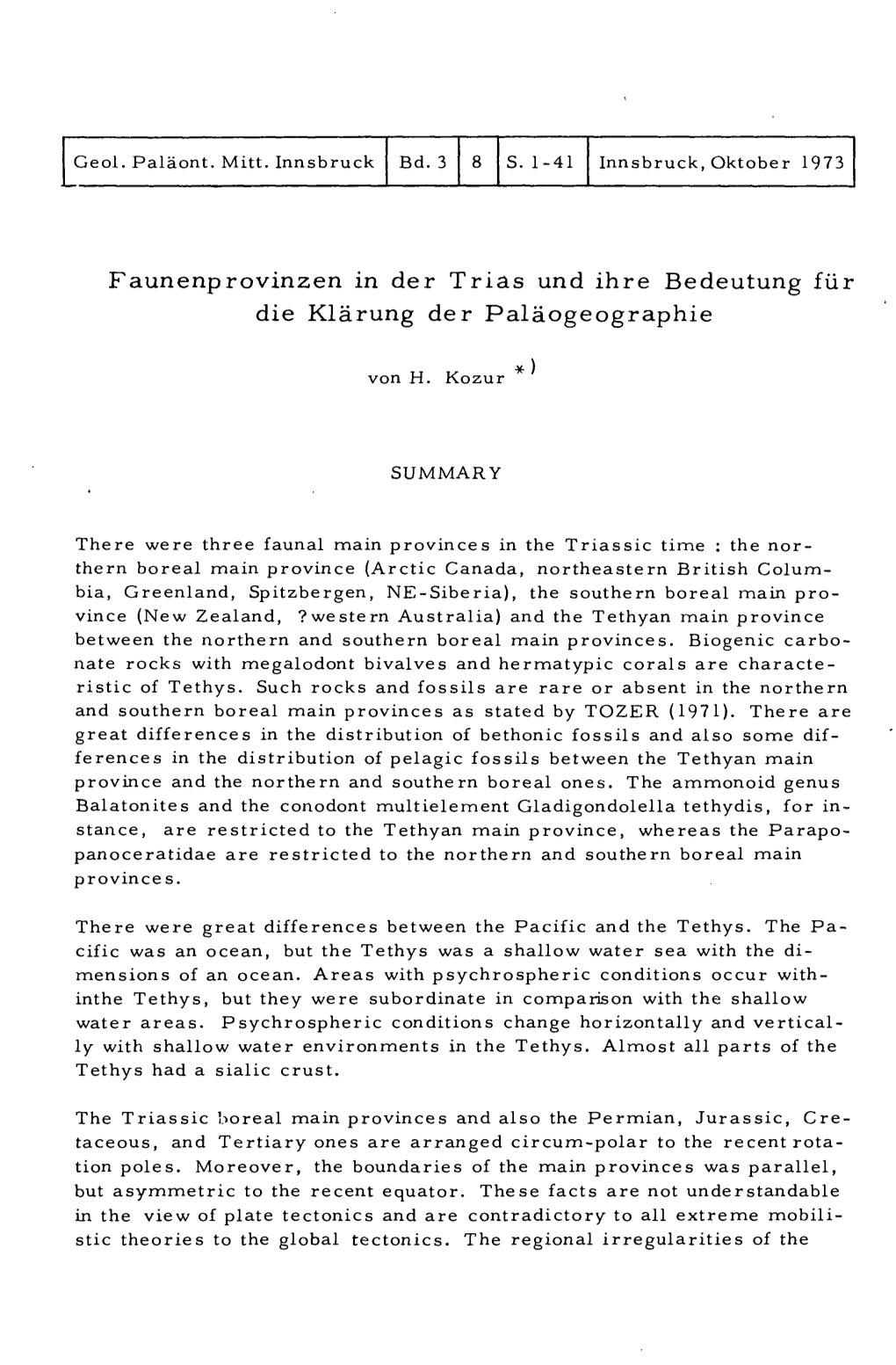 Faunenprovinzen in Der Trias Und Ihre Bedeutung Für Die Klärung Der Paläogeographie