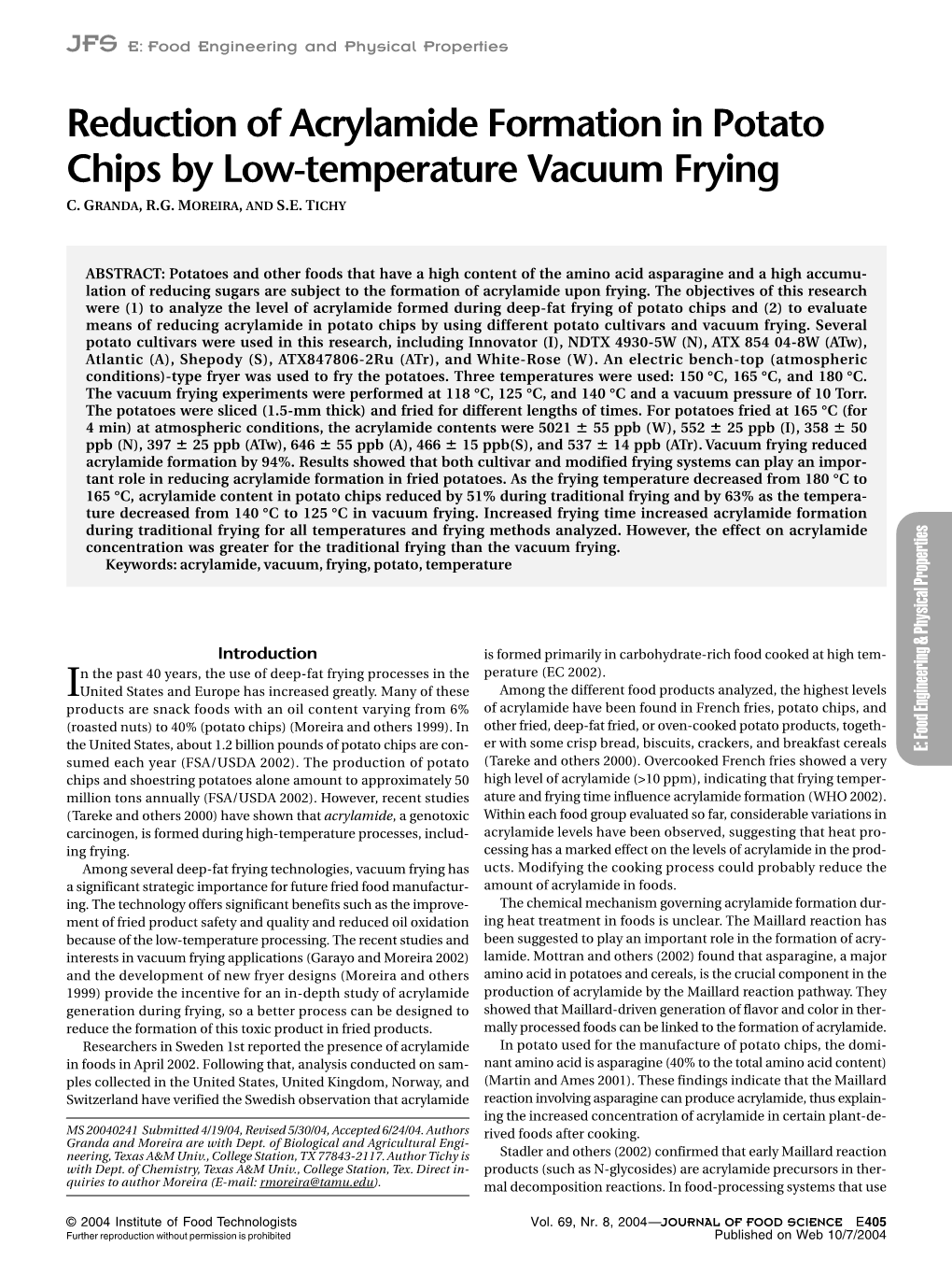Reduction of Acrylamide Formation in Potato Chips by Low-Temperature Vacuum Frying C