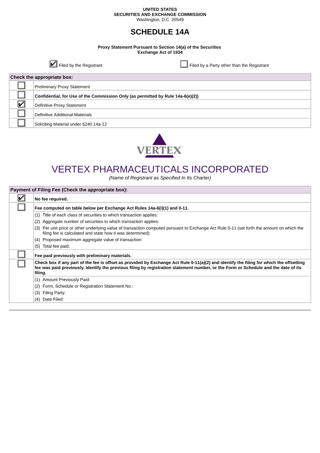 VERTEX PHARMACEUTICALS INCORPORATED (Name of Registrant As Specified in Its Charter)