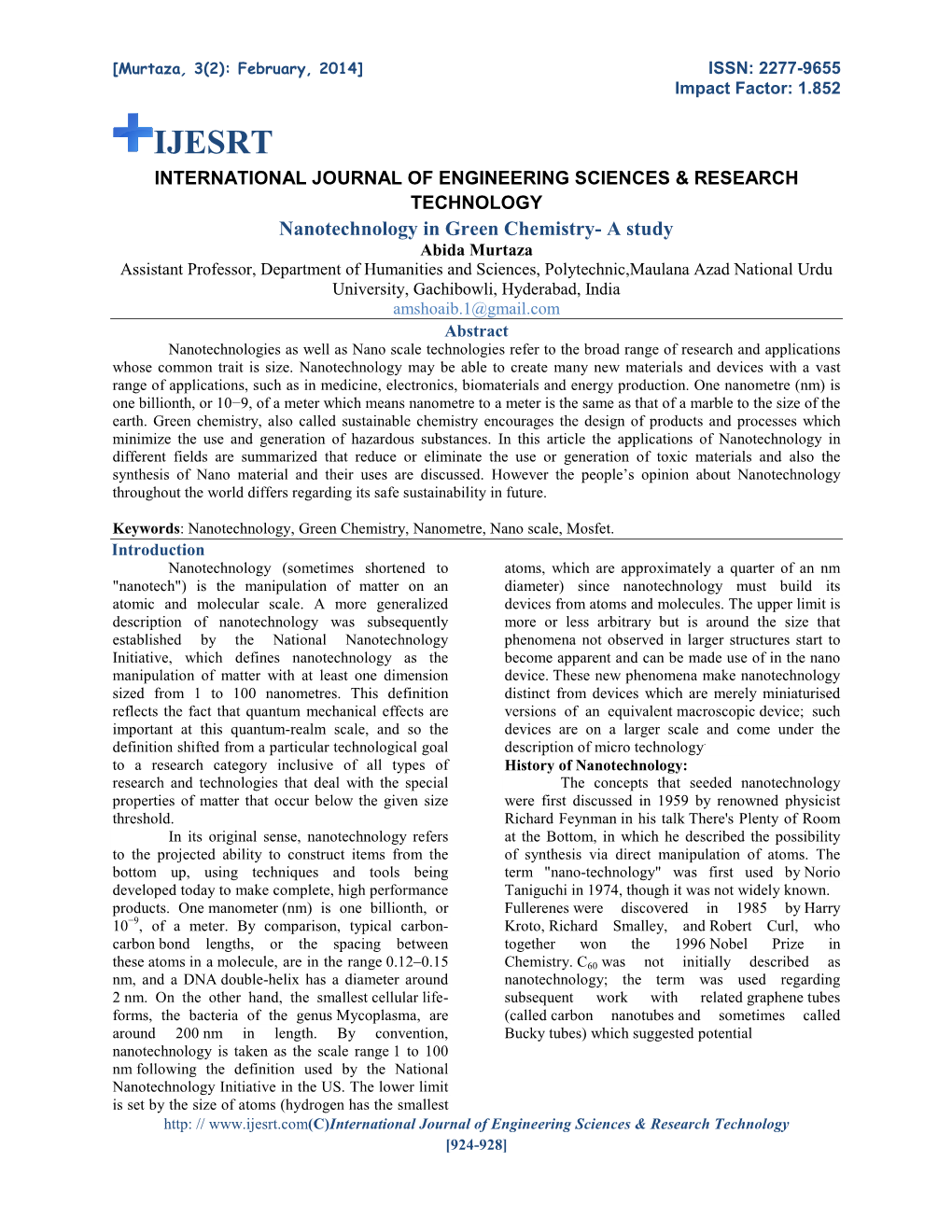 Nanotechnology in Green Chemistry-A Study