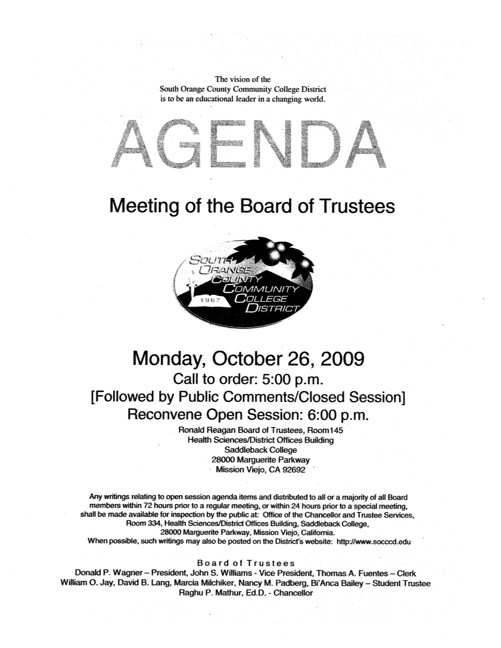 Meeting of the Board of Trustees Monday, October 26,2009