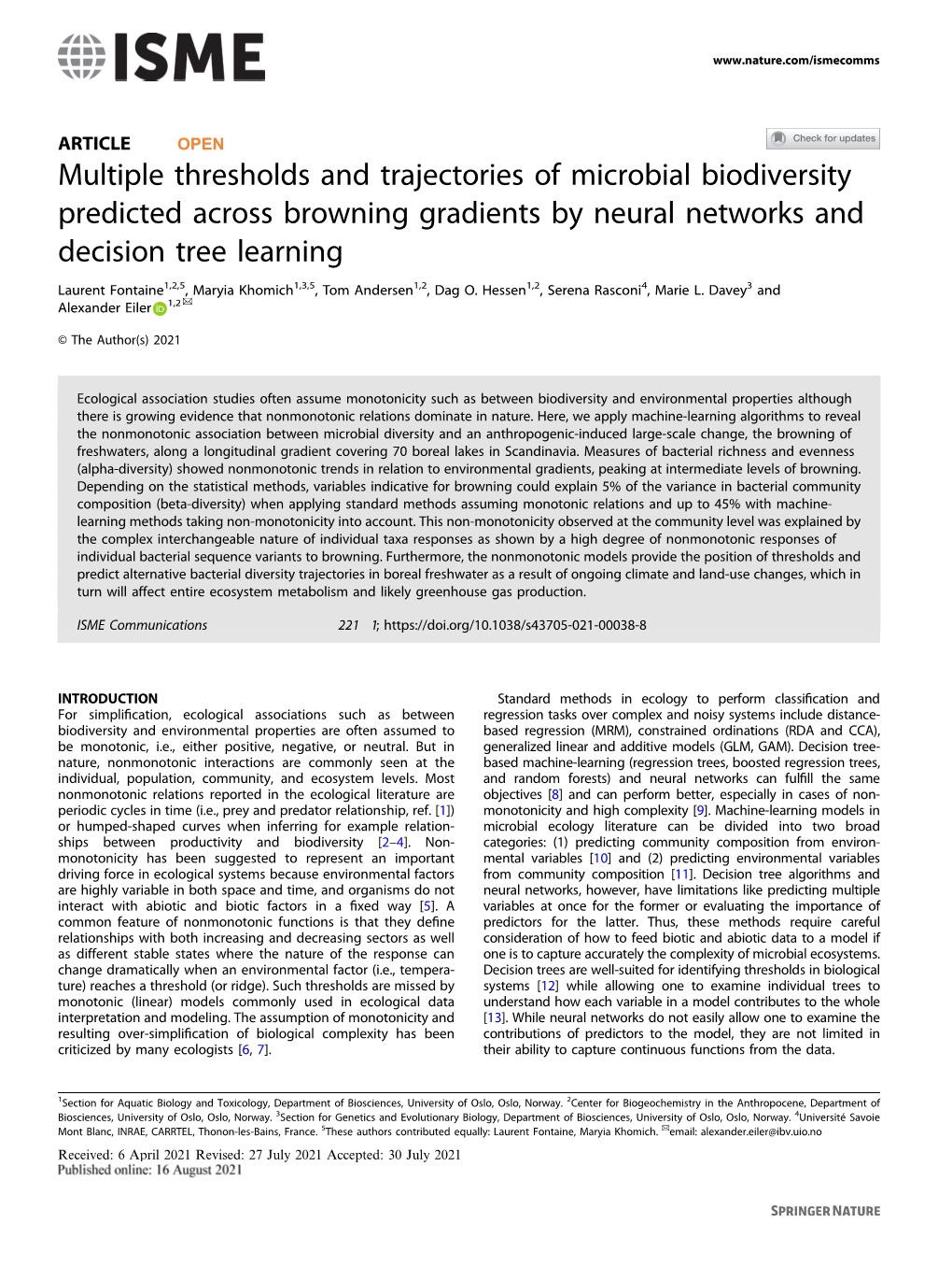 Multiple Thresholds and Trajectories of Microbial Biodiversity Predicted Across Browning Gradients by Neural Networks and Decision Tree Learning