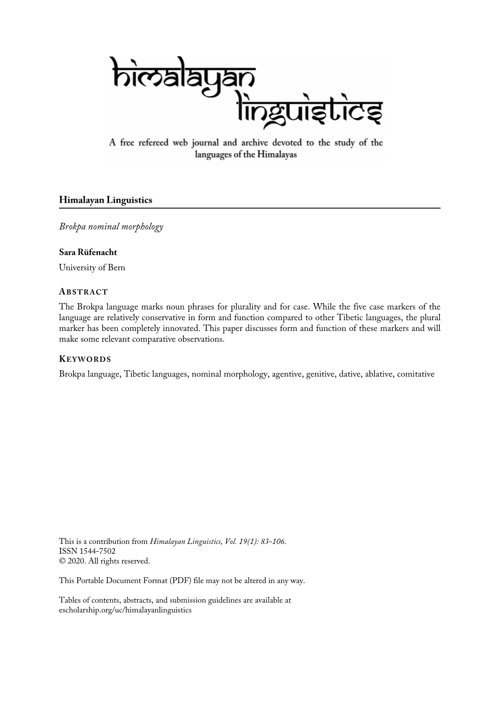 Himalayan Linguistics Brokpa Nominal Morphology