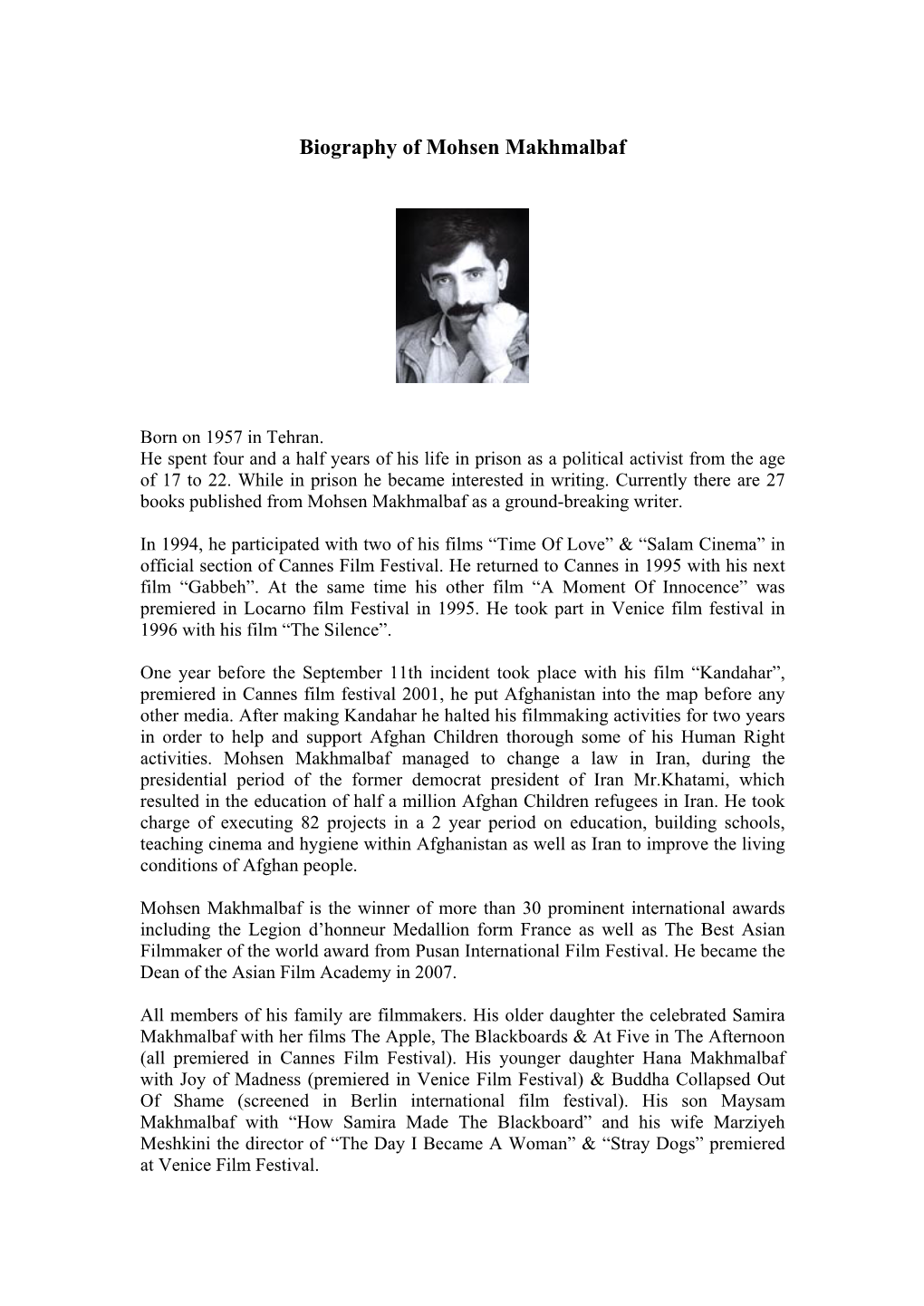 Biography of Mohsen Makhmalbaf