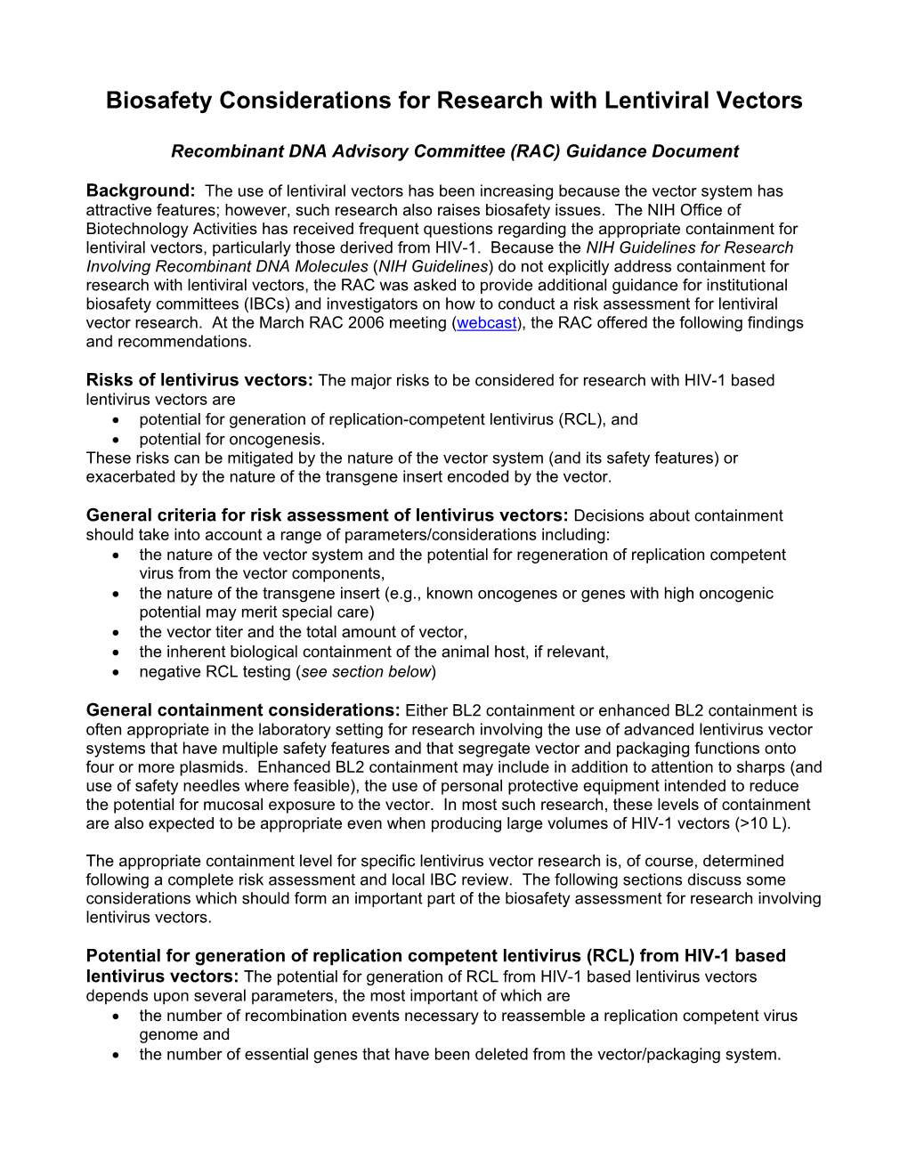 Lentiviral Containment Guidance