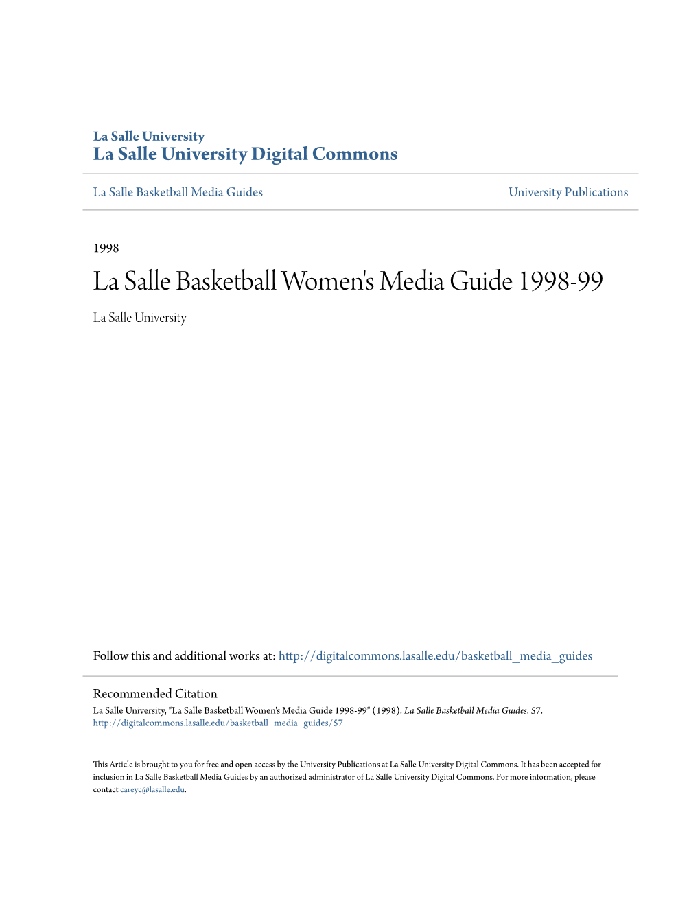 La Salle Basketball Women's Media Guide 1998-99 La Salle University