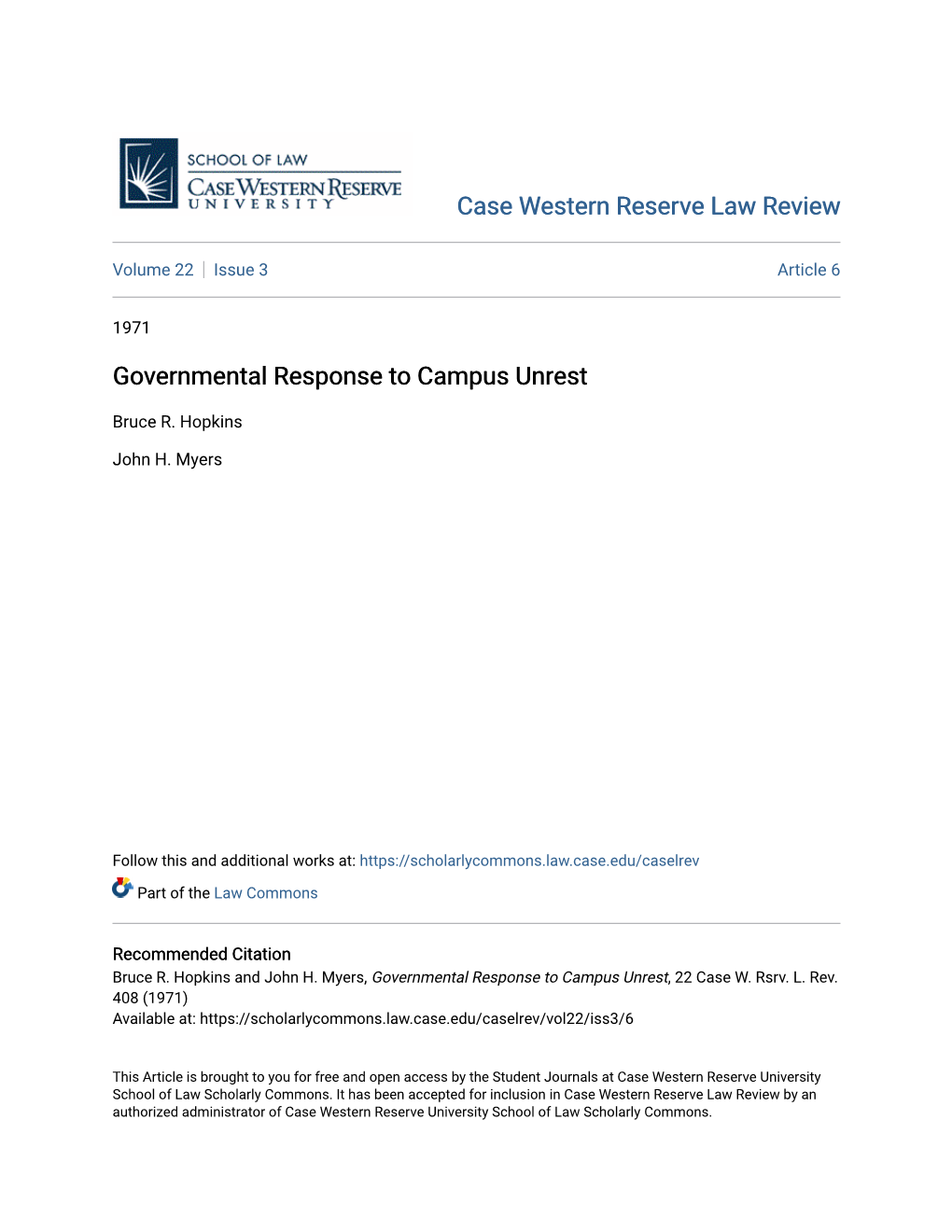 Governmental Response to Campus Unrest