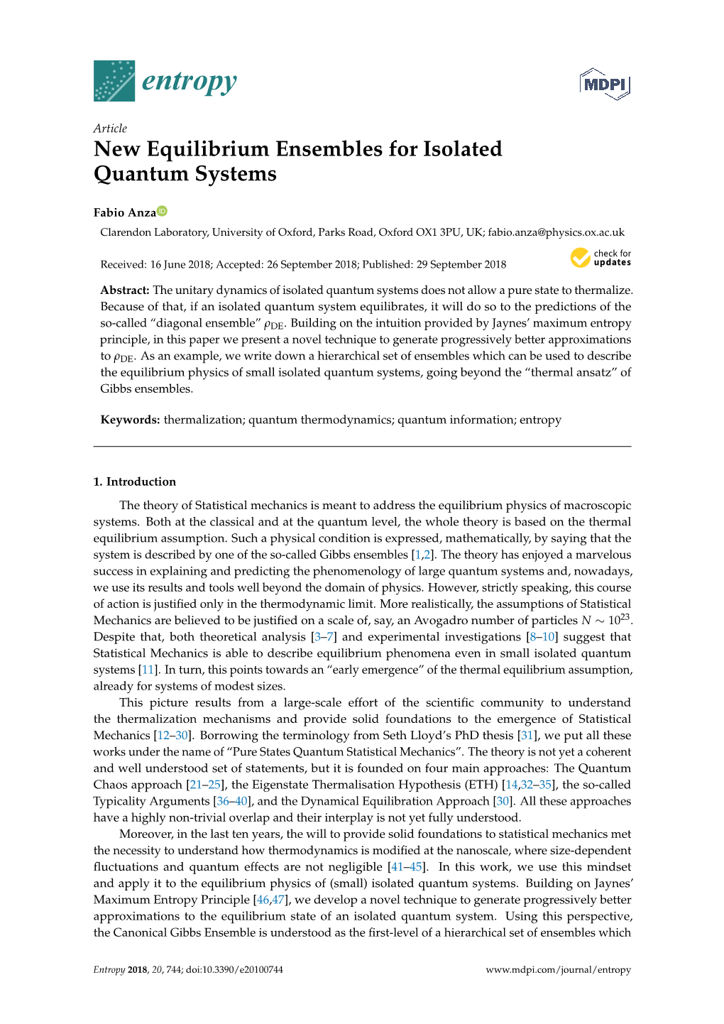 New Equilibrium Ensembles for Isolated Quantum Systems