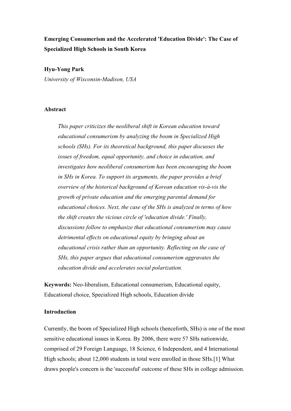 Emerging Consumerism and the Accelerated 'Education Divide': the Case of Specialized High Schools in South Korea