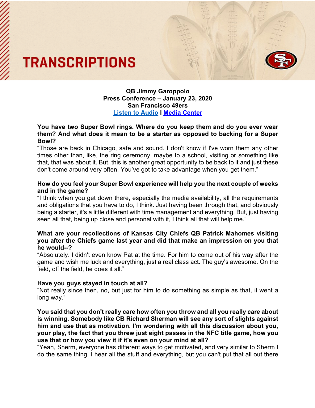 QB Jimmy Garoppolo Press Conference – January 23, 2020 San Francisco 49Ers Listen to Audio I Media Center