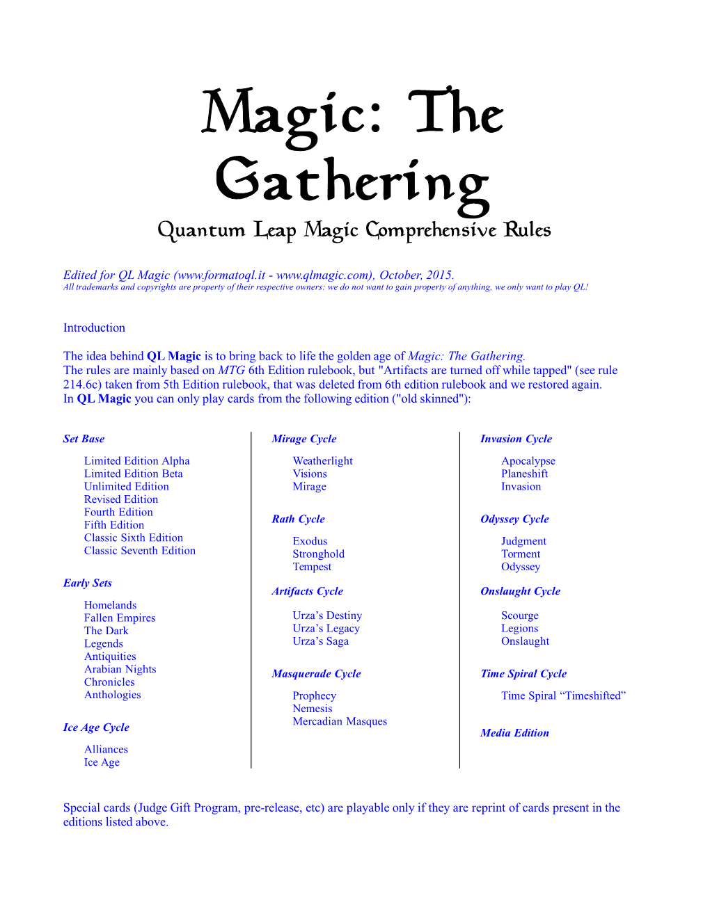 Magic: the Gathering Quantum Leap Magic Comprehensive Rules