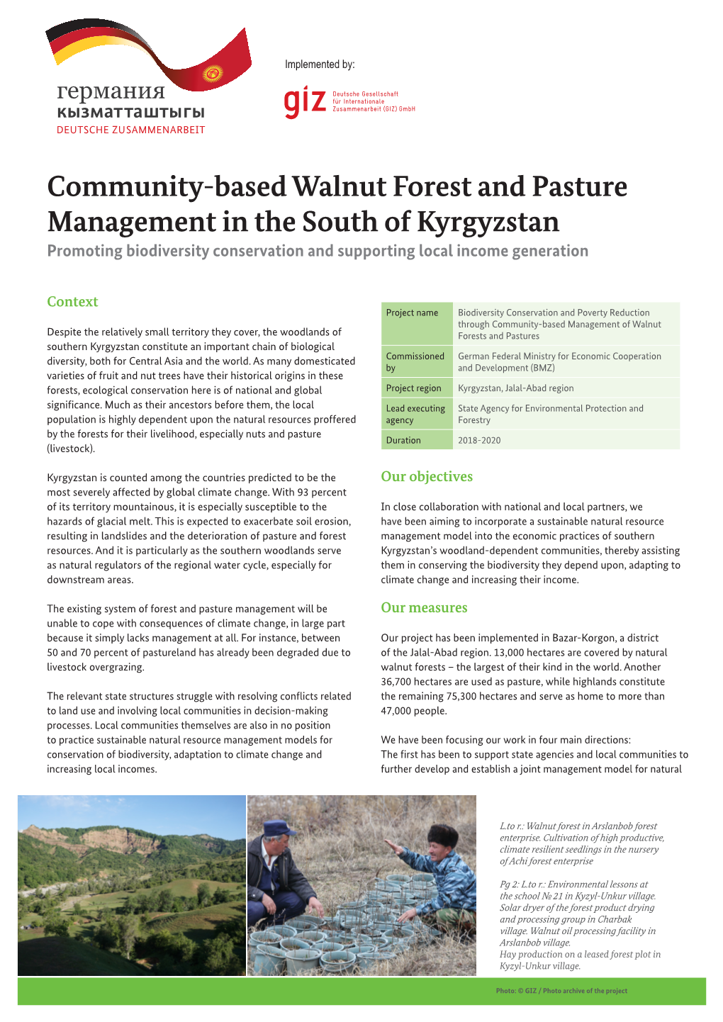 Community-Based Walnut Forest and Pasture Management in the South of Kyrgyzstan Promoting Biodiversity Conservation and Supporting Local Income Generation