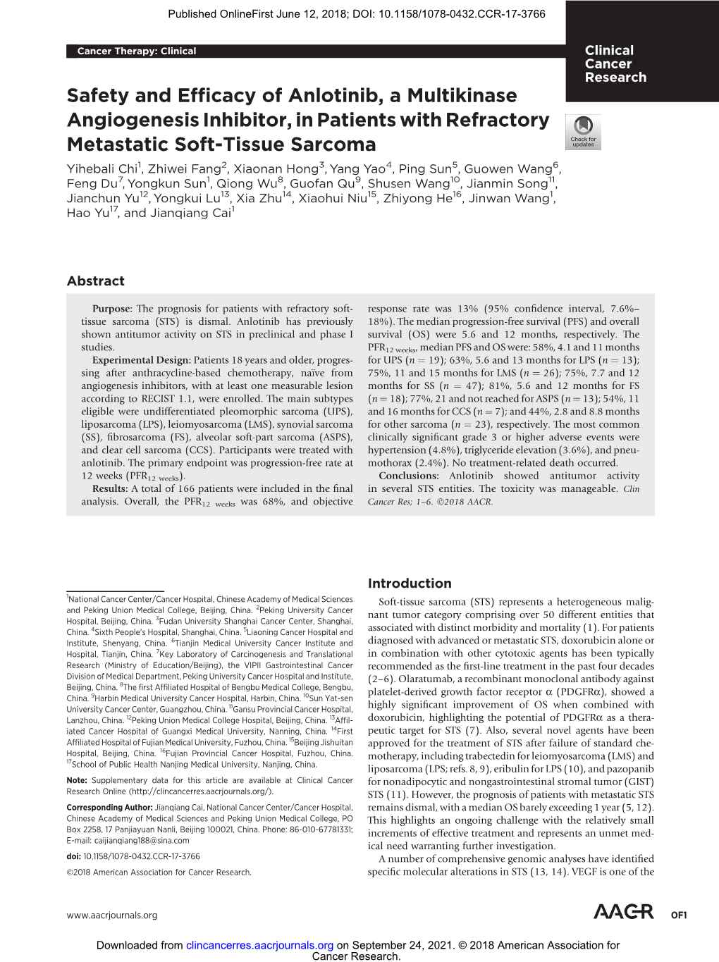 Safety and Efficacy of Anlotinib, a Multikinase Angiogenesis Inhibitor, in Patients with Refractory Metastatic Soft-Tissue Sarcoma