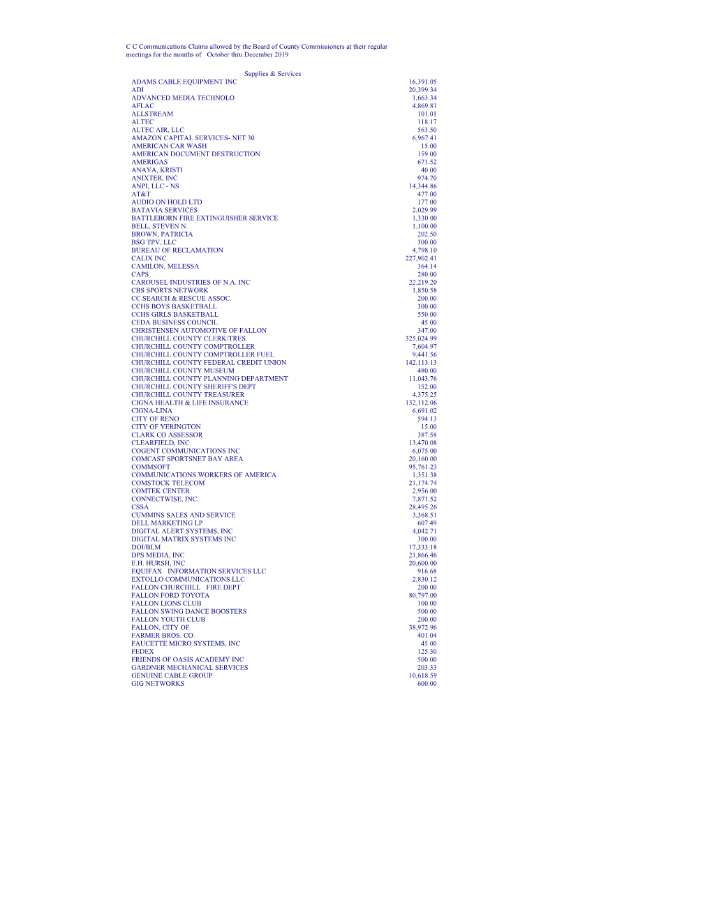 C C Communications Claims Allowed by the Board of County Commissioners at Their Regular Meetings for the Months of October Thru December 2019