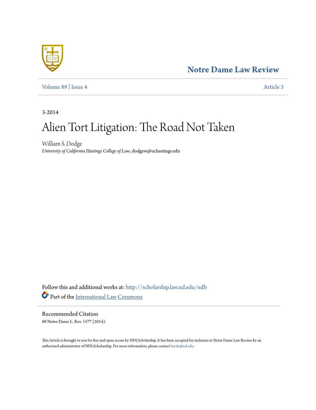 Alien Tort Litigation: the Road Not Taken William S